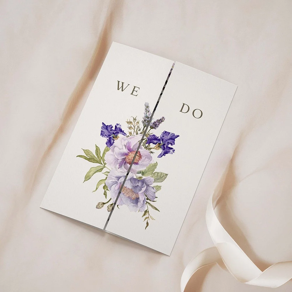 Purple Floral Collection gatefold wedding invitation closed, with lilac and purple irises.