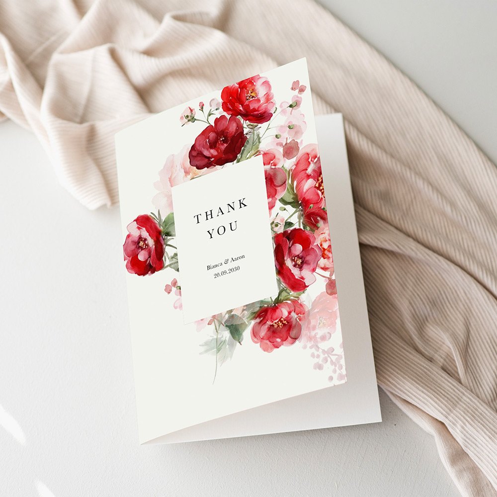 Red Floral Thank You Cards For Wedding