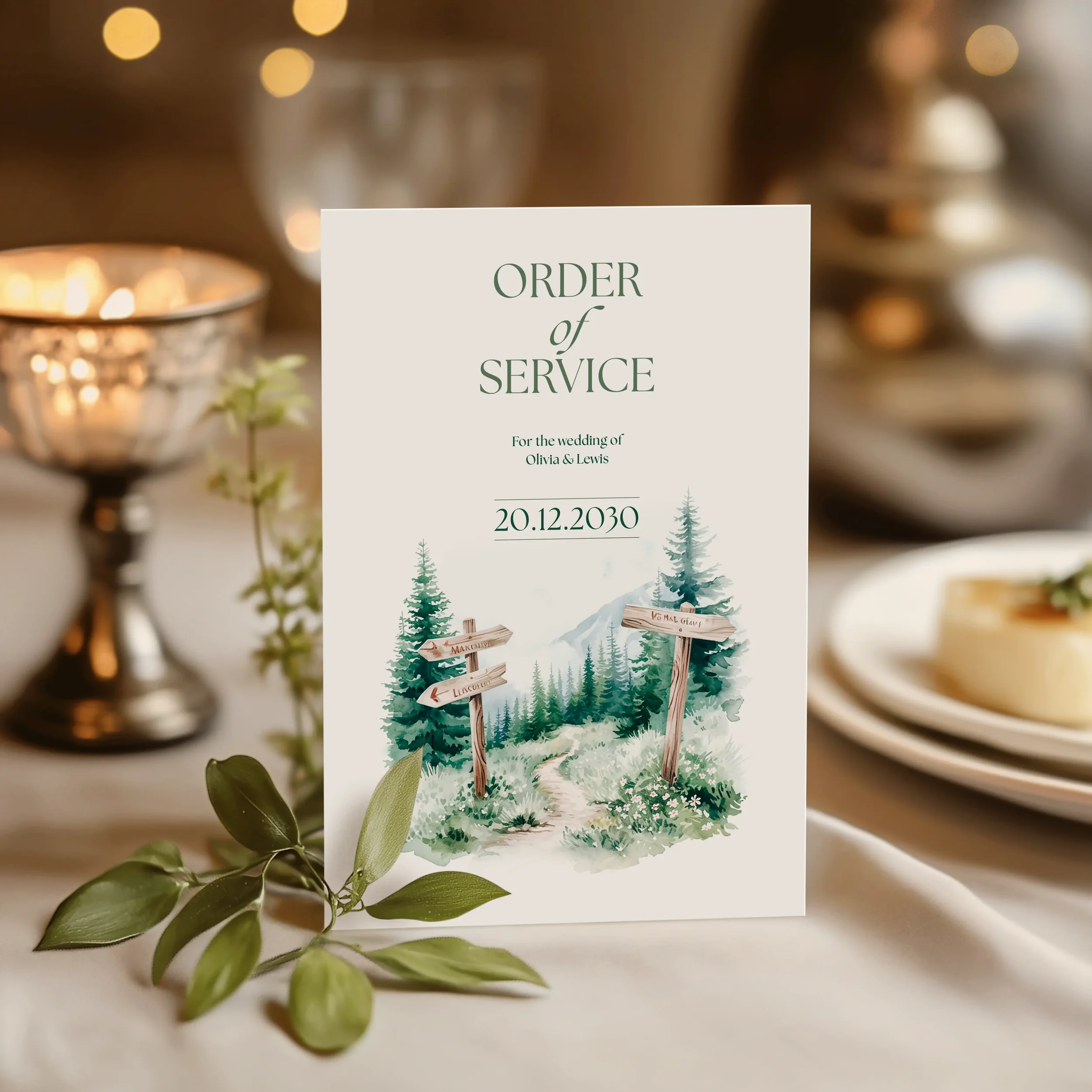 Adventure Order of Service booklet cover propped up at a wedding venue with woodland design.