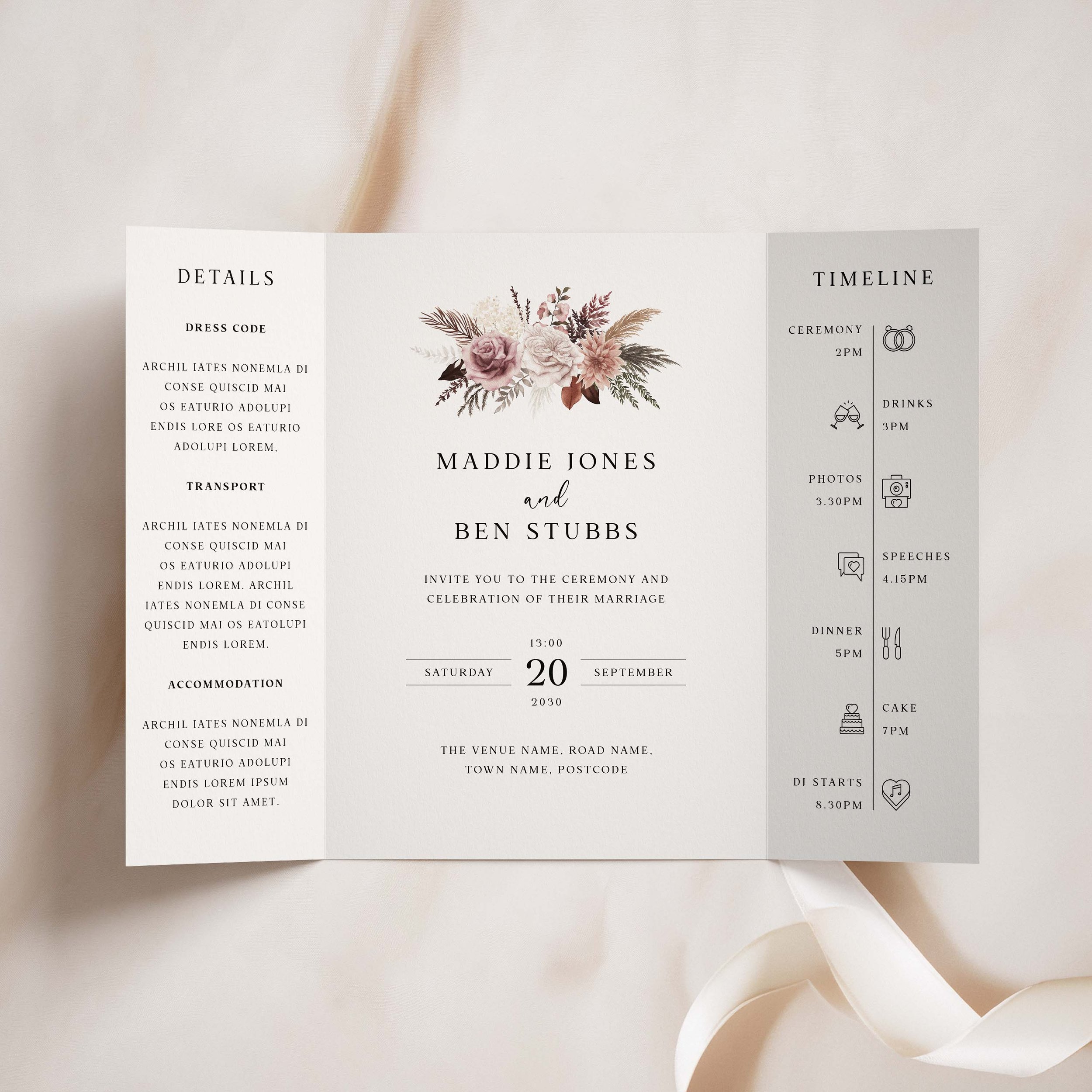 Blush pink and brown dried flowers boho gatefold wedding invitation