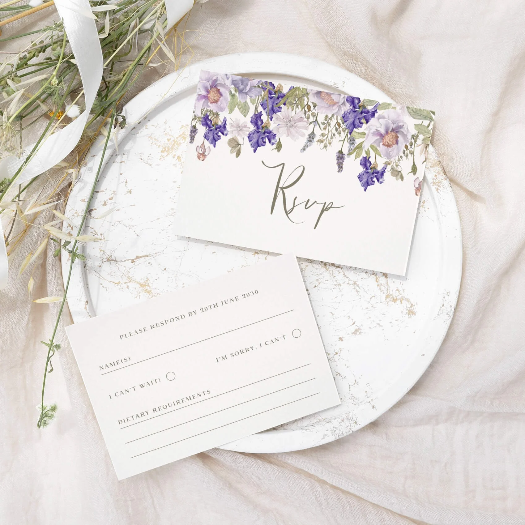 Purple Floral wedding RSVP card with cascading wisteria watercolour illustration and script typography on luxury off-white card