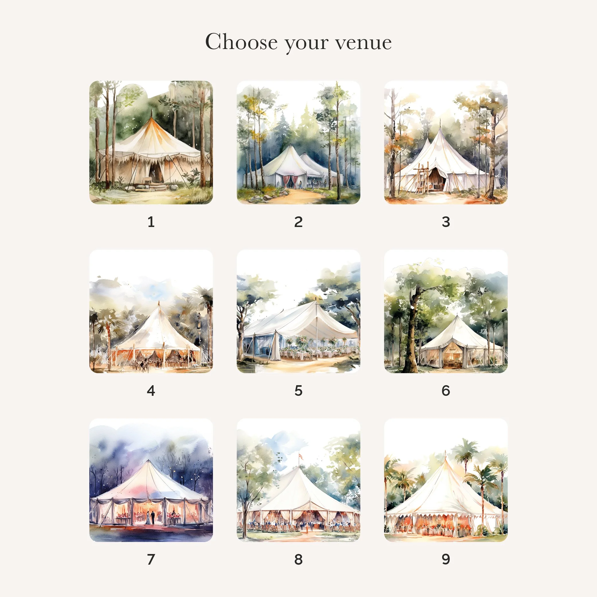 Loose illustrated bell tent examples in various styles for wedding thank you card design options.