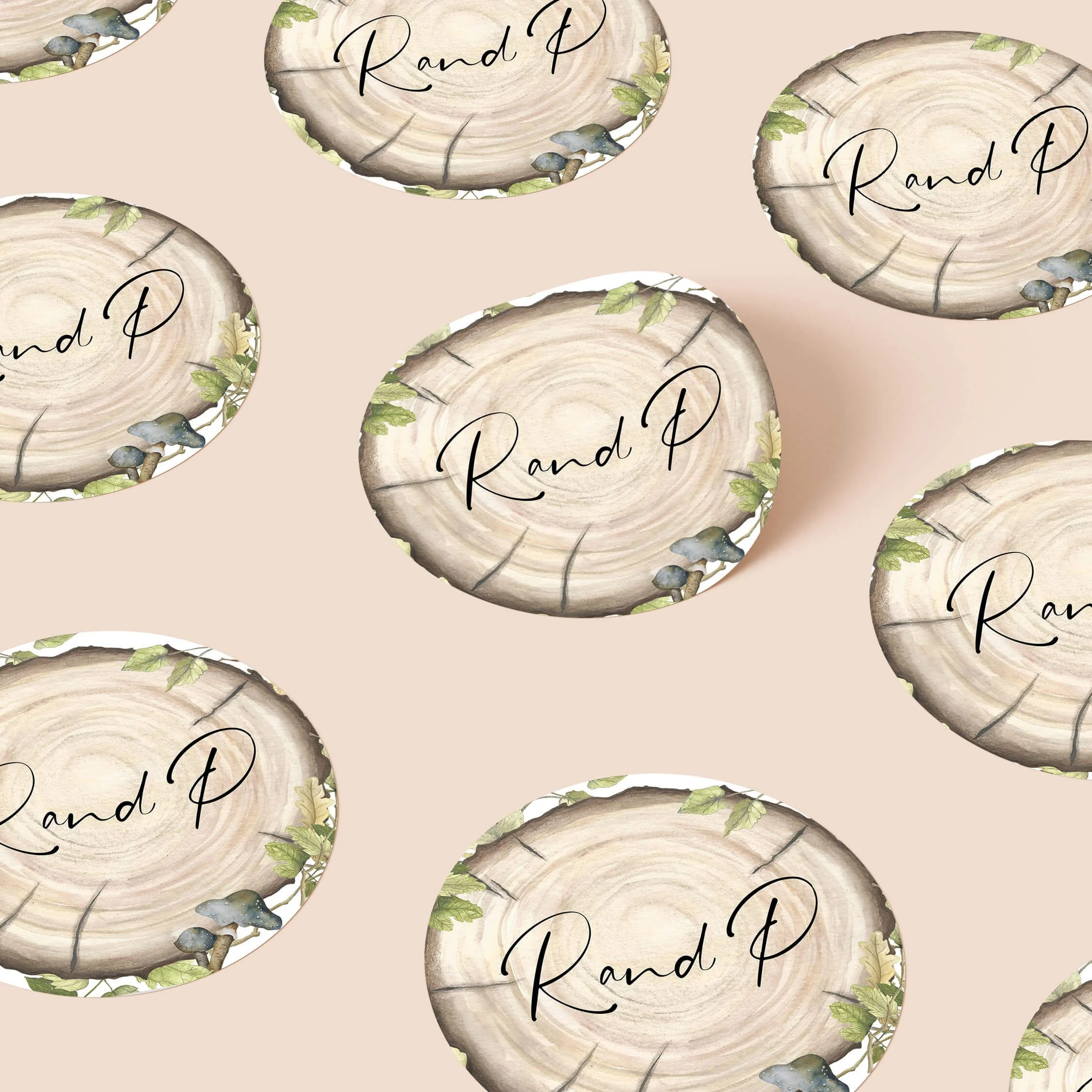 Wood Slice personalised wedding stickers with rustic wood cross-section and botanical illustration design on round stickers