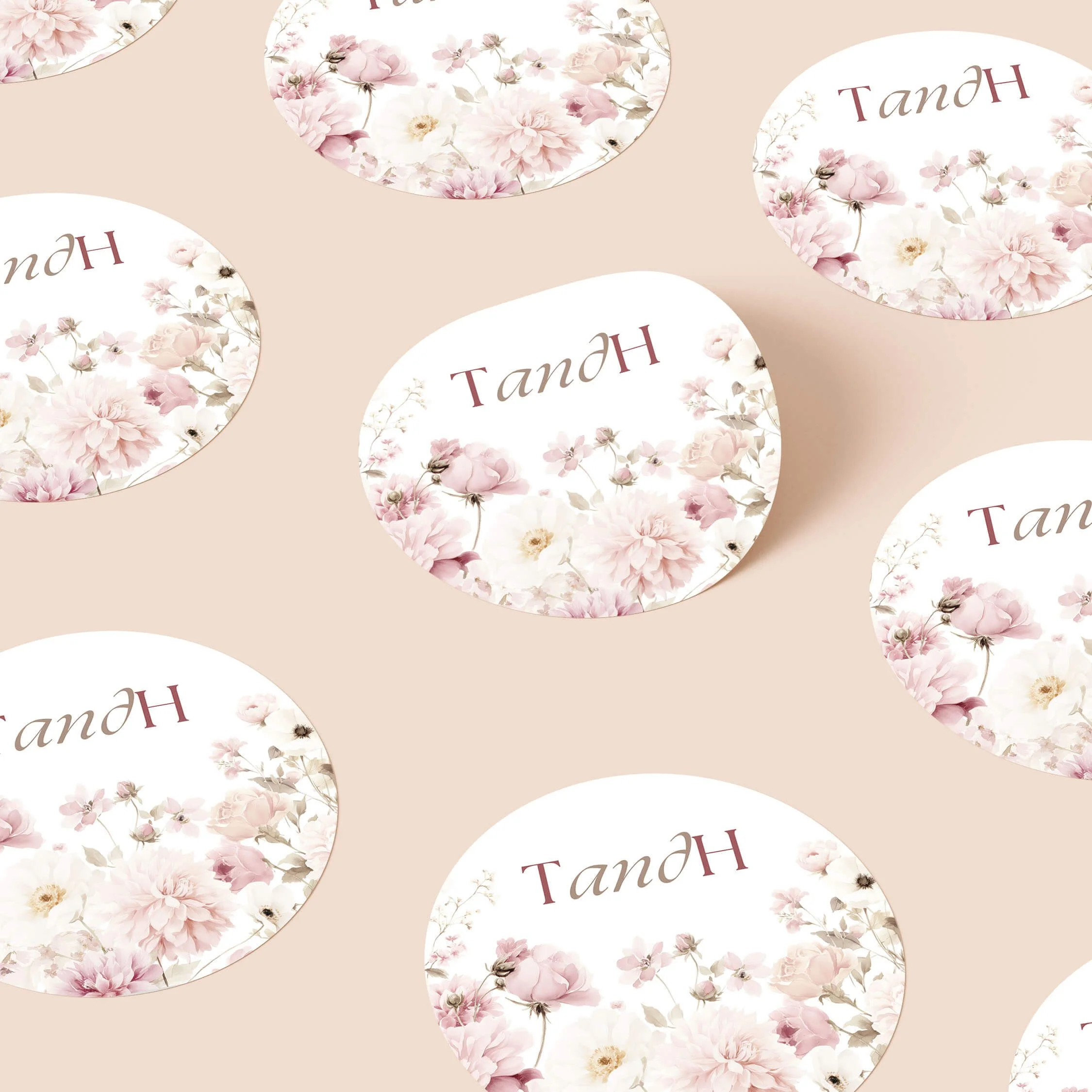 Petal personalised wedding stickers with soft blush floral botanical design and elegant initials on round stickers