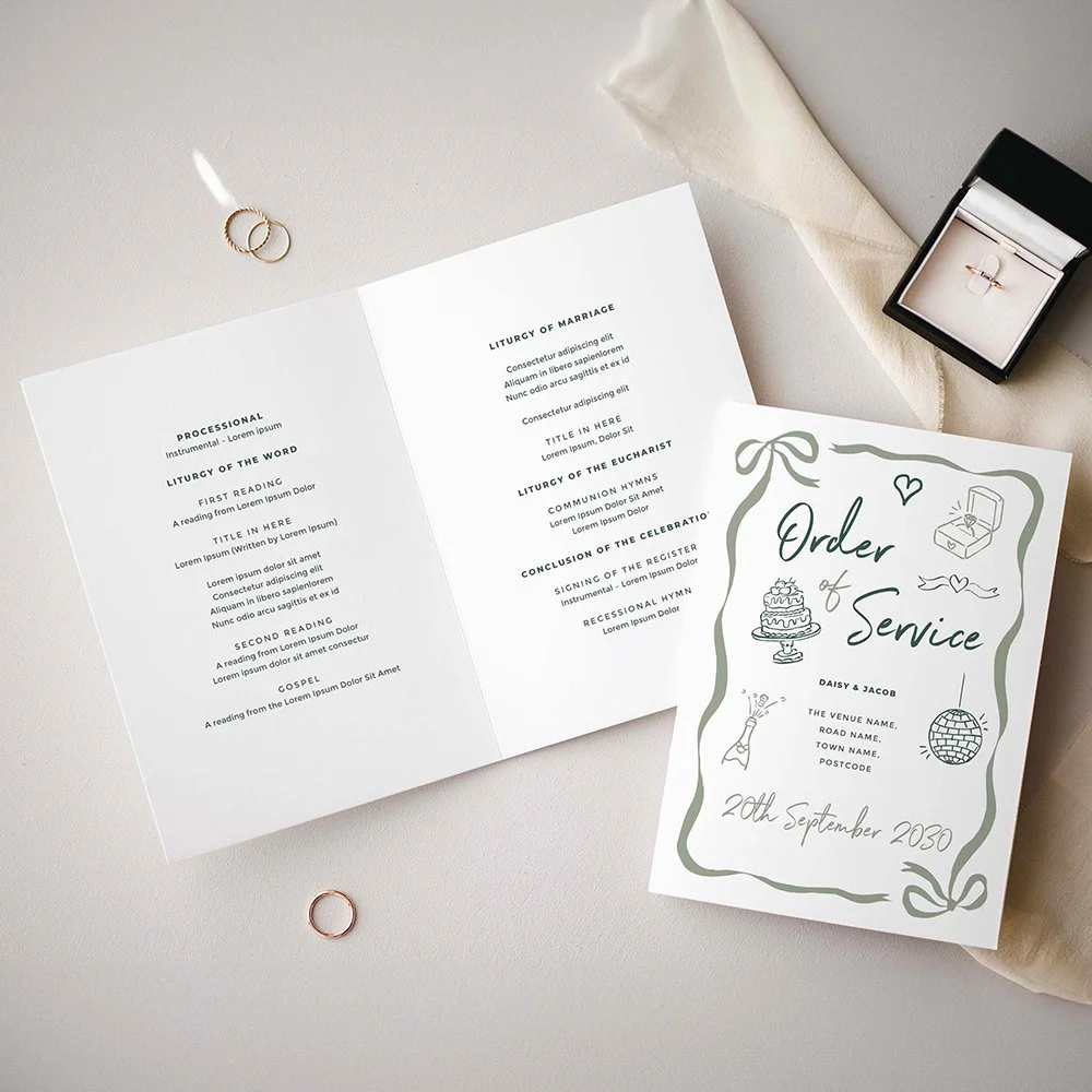 Green Doodle Printed Wedding Order of Service