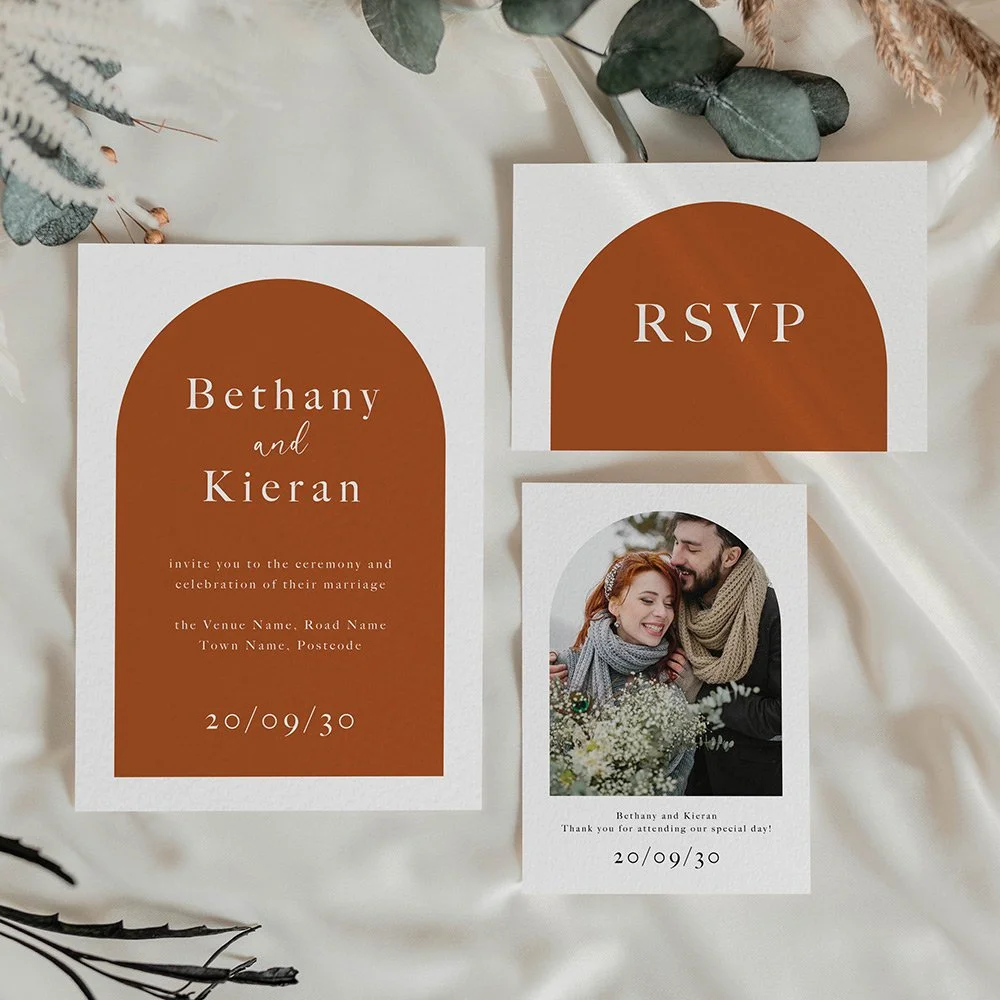 Modern terracotta arch wedding invitation with minimalist layout