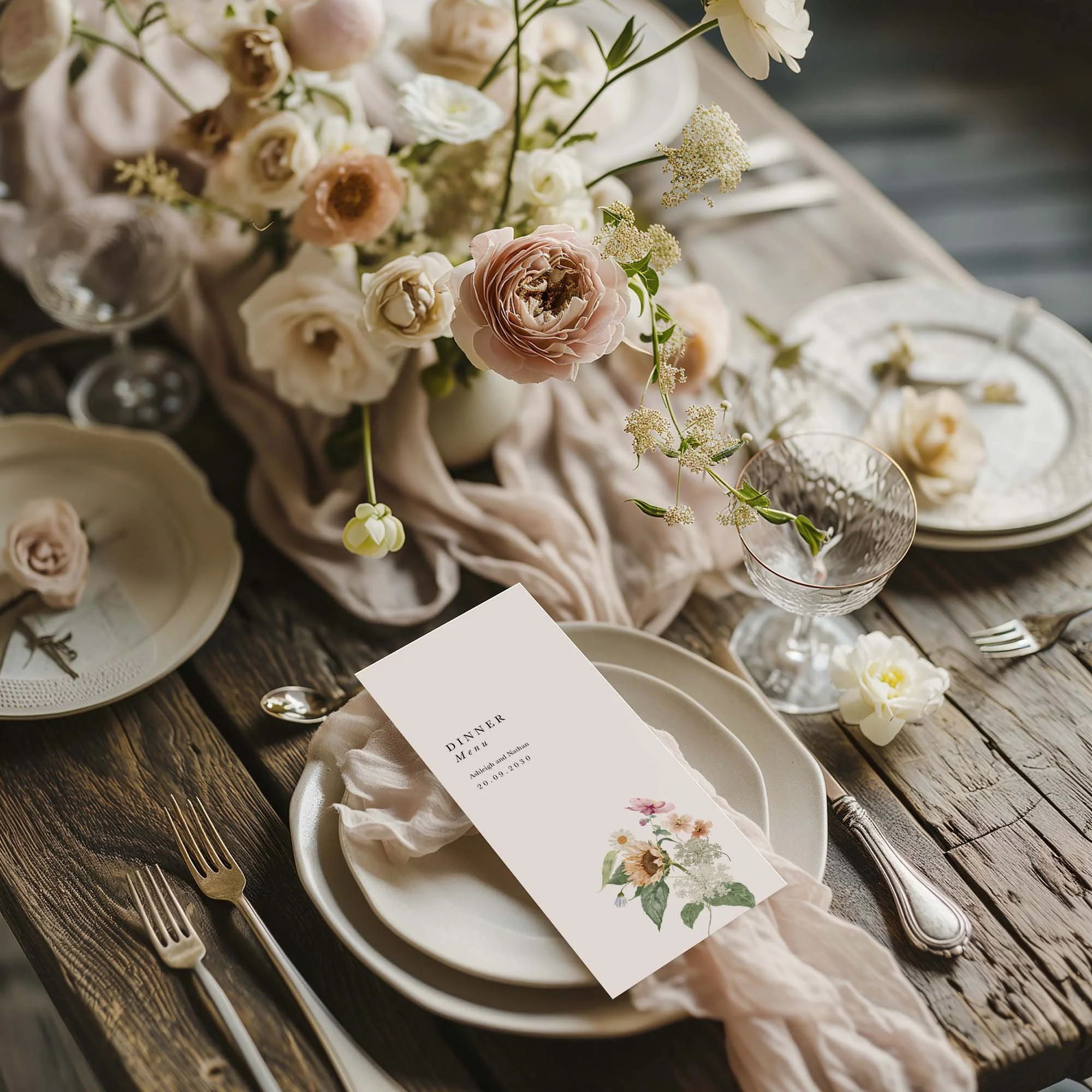 Autumn Sunflower wedding menu card styled on a wedding table setting with tableware and décor
