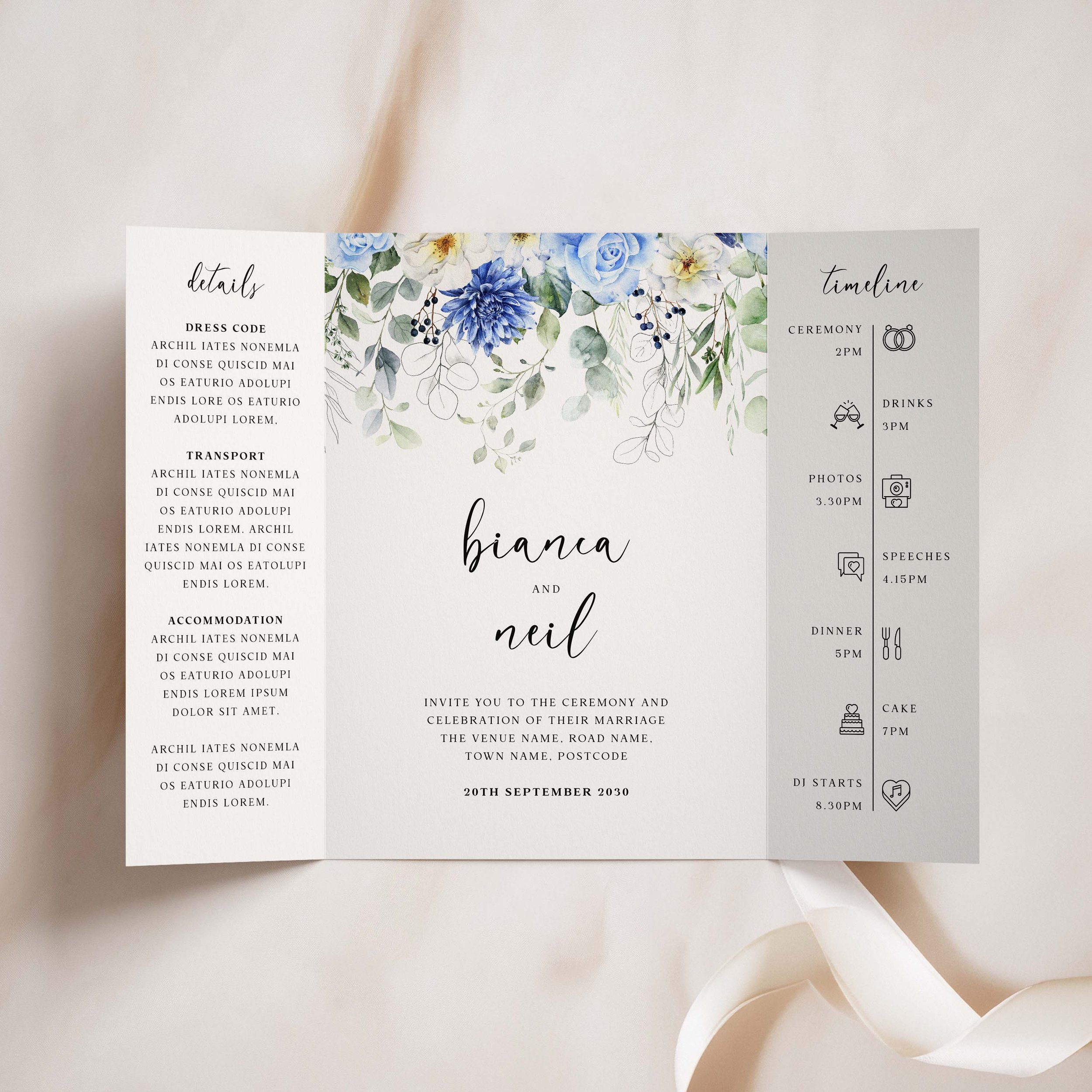 Blue floral gatefold wedding invitation