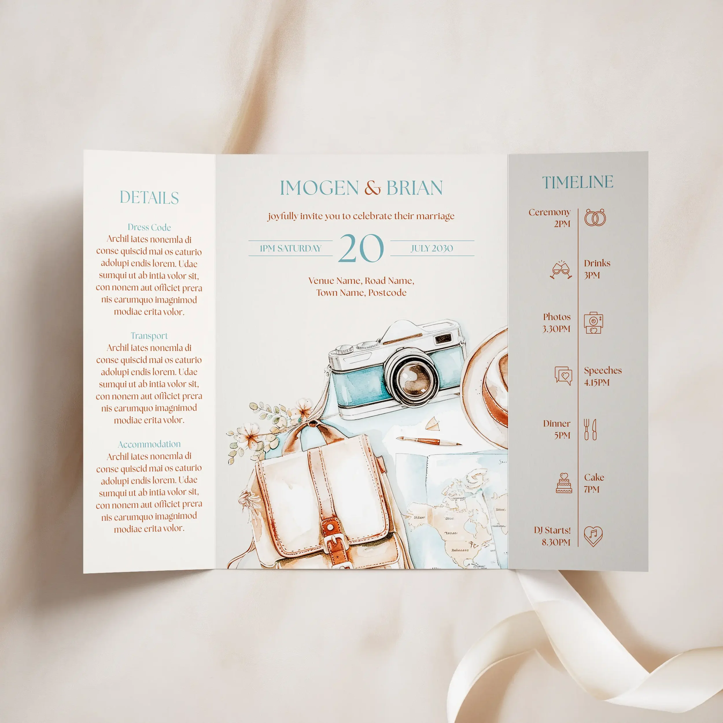 Open view of the Explorer Gatefold Wedding Invitation featuring travel map, camera, and bag.