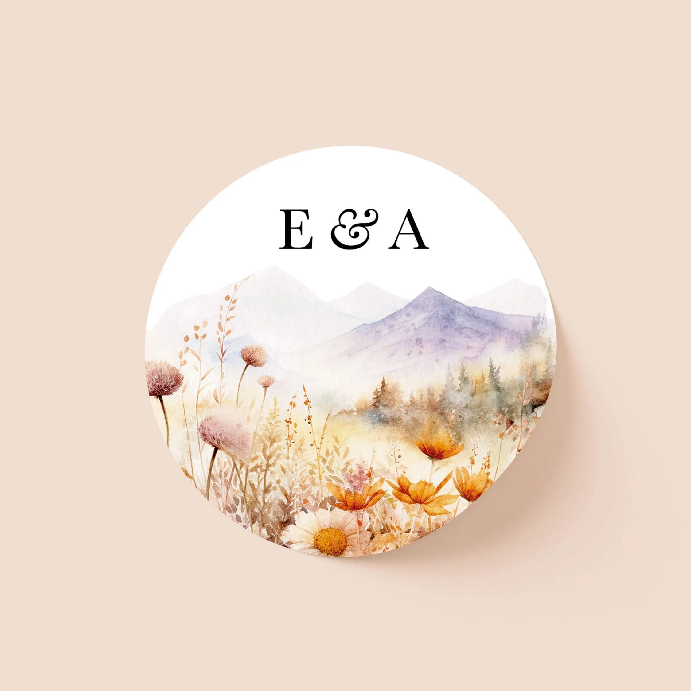 Scenic personalised wedding sticker with scenic countryside venue illustration and initials on round sticker