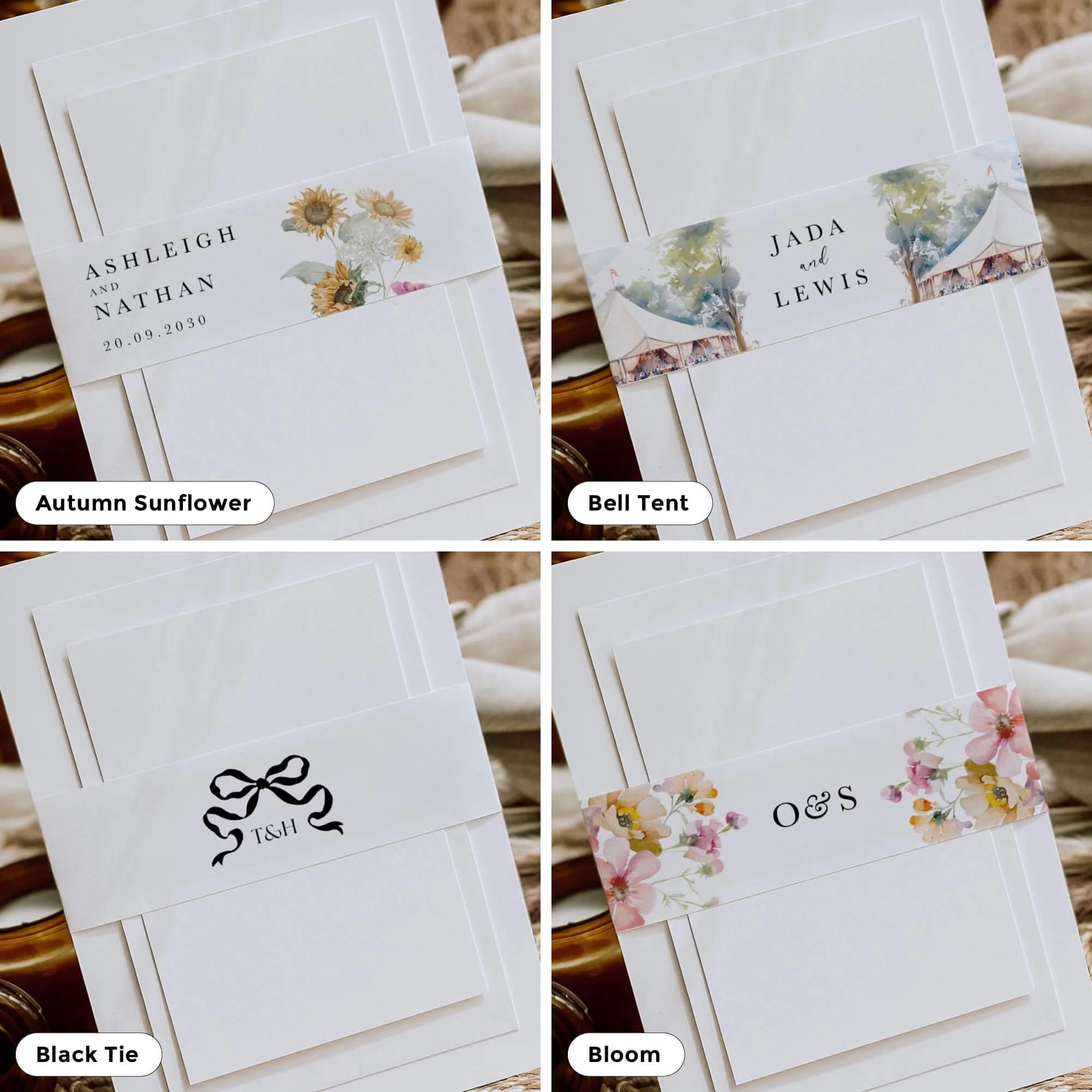 Selection of floral and elegant wedding belly band designs for invitation suites