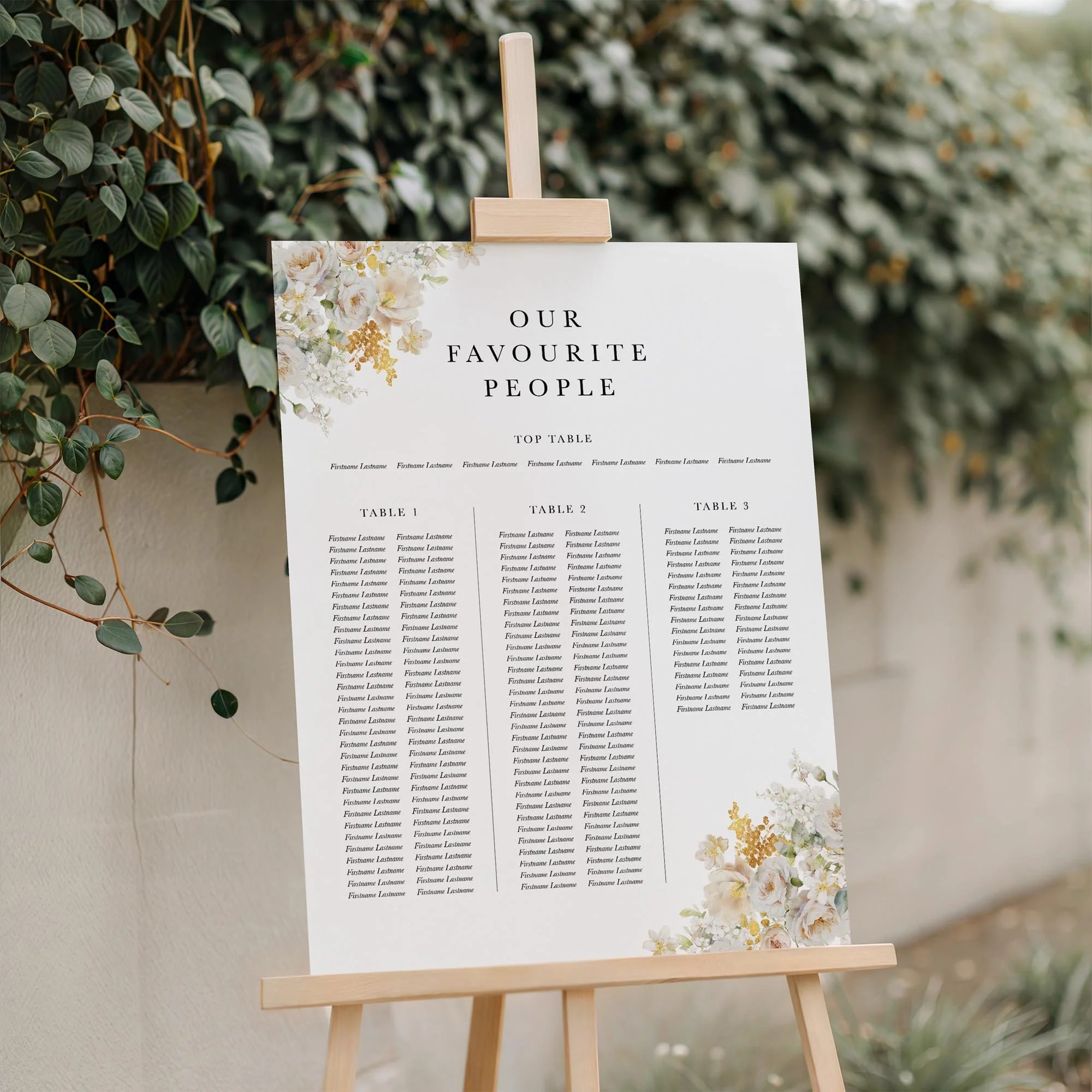 Close-up of the White and Gold Floral wedding seating plan board displayed outdoors
