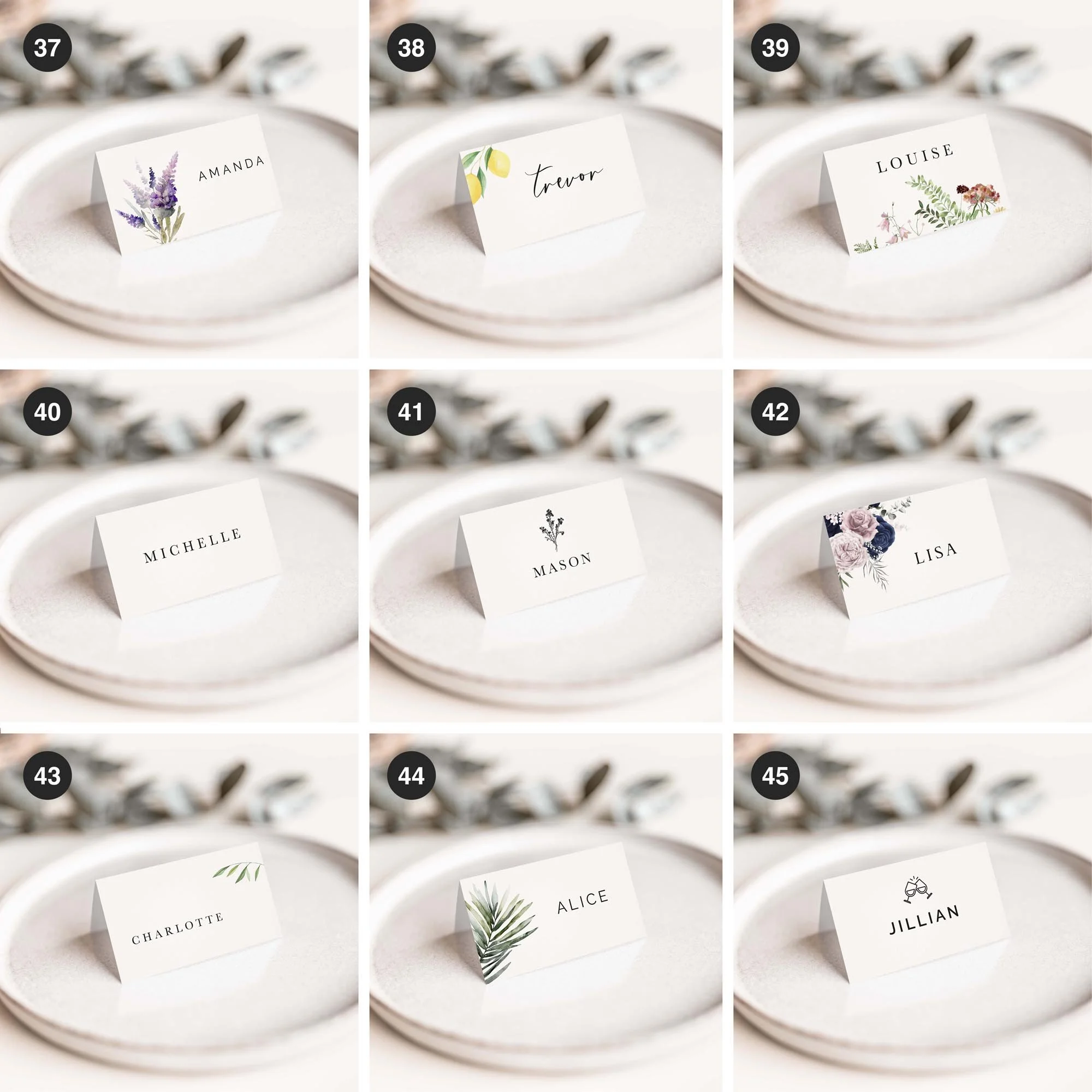 Selection of personalised wedding place card designs in various styles, including modern, floral, and minimalist, displayed on wedding tables