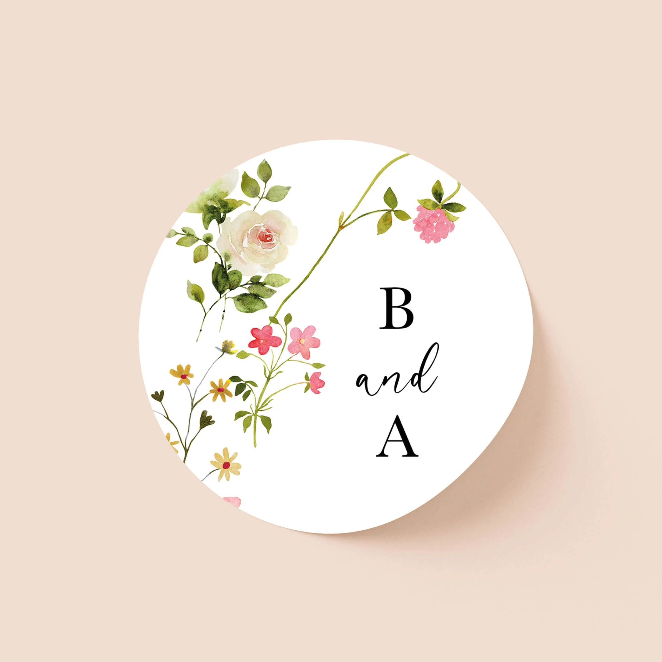 Summer Floral personalised wedding sticker with trailing pink and white rose illustration and serif initials on round sticker