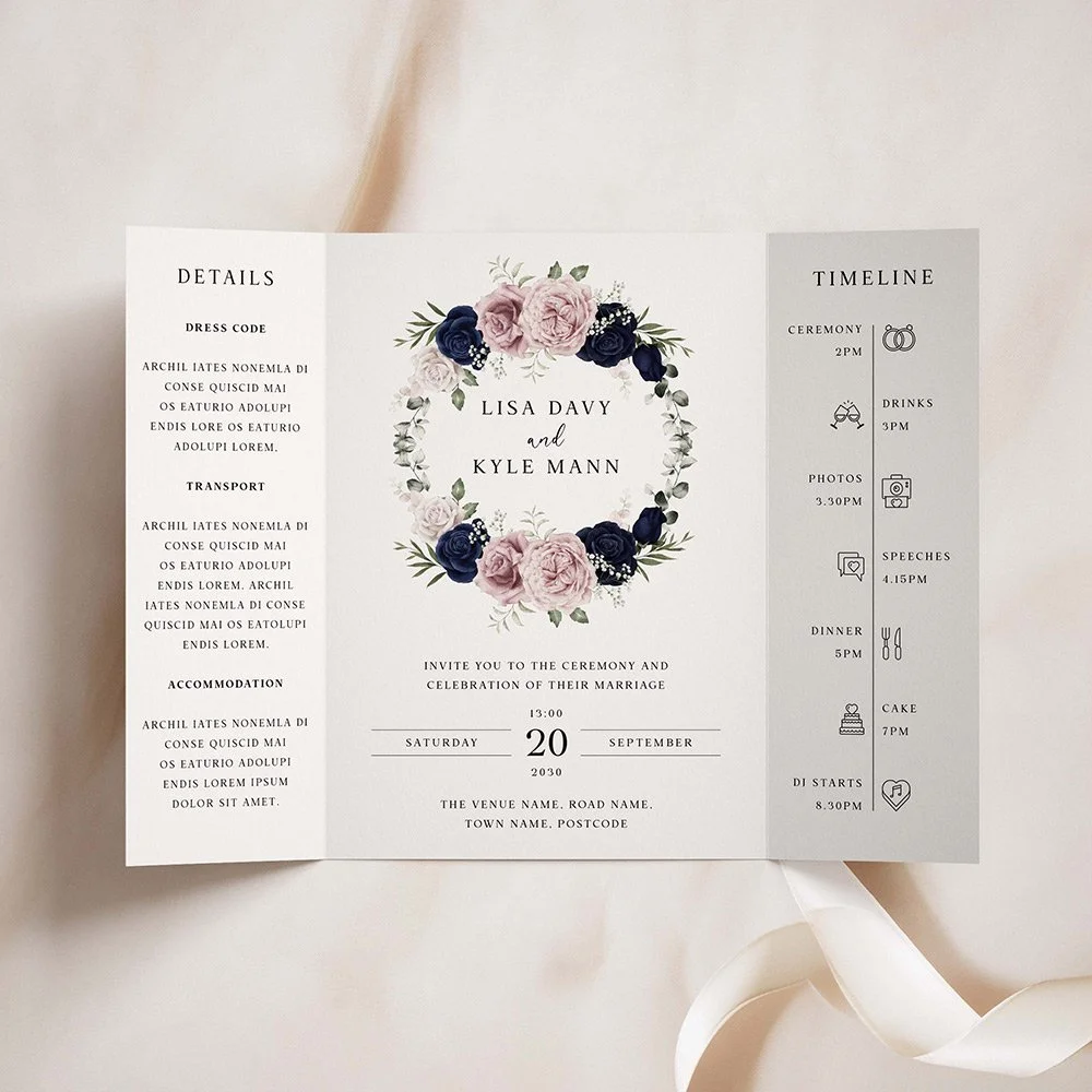 Navy and Pink Floral Rose Gatefold Wedding Invites