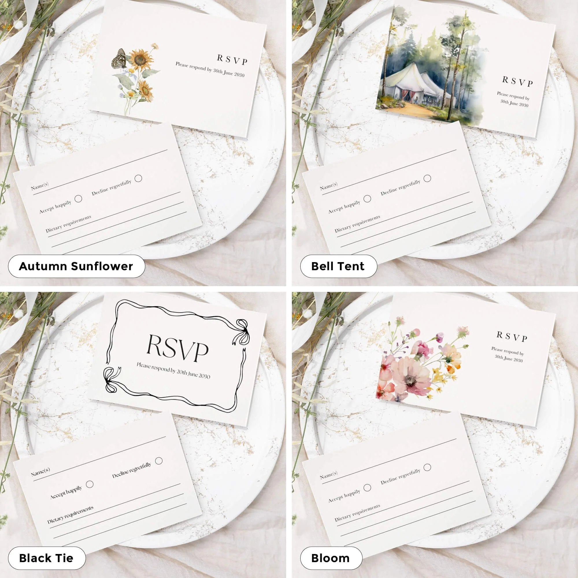 Minimalist wedding RSVP response card design for coordinating wedding invitations