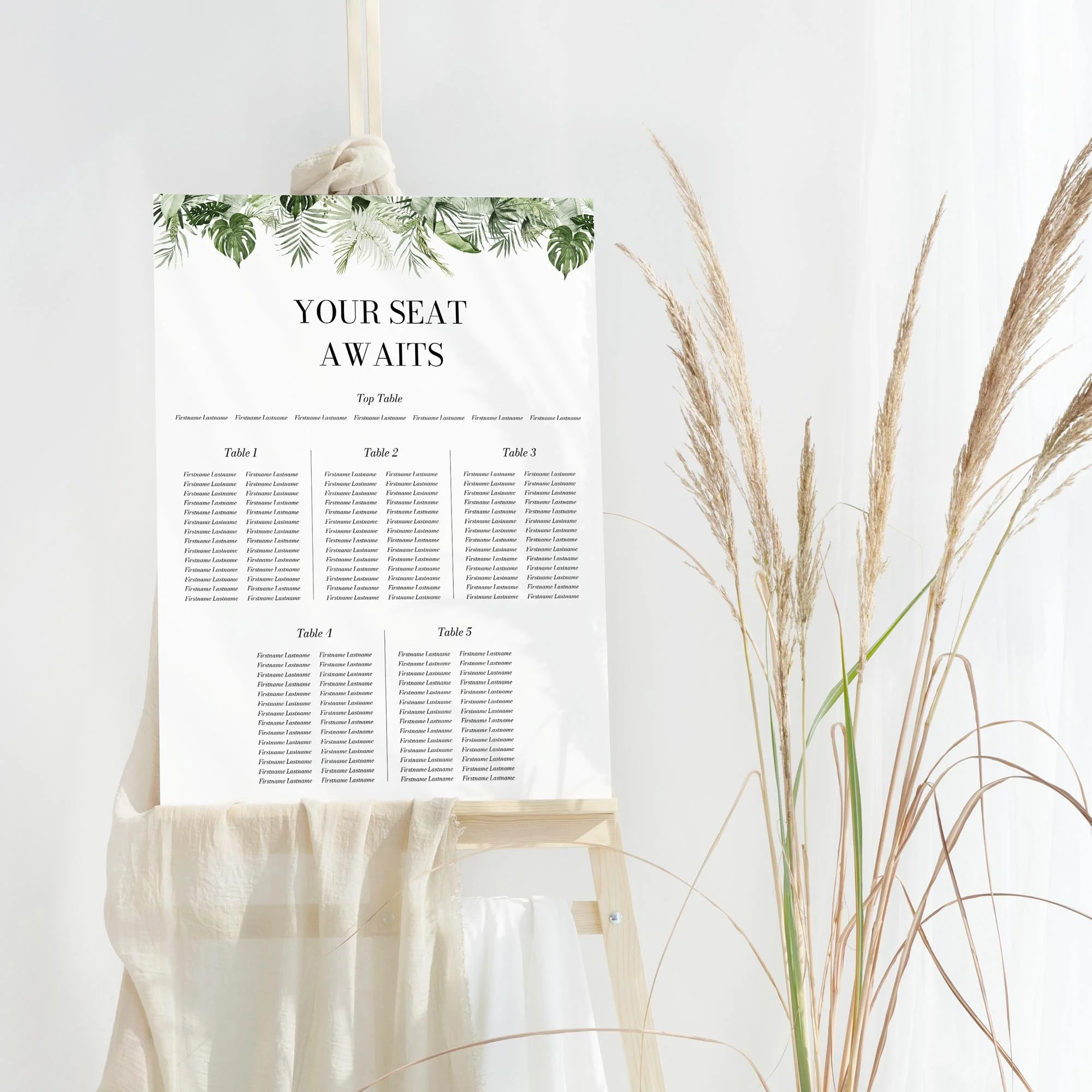 Tropical Leaves wedding table plan board seating chart sign