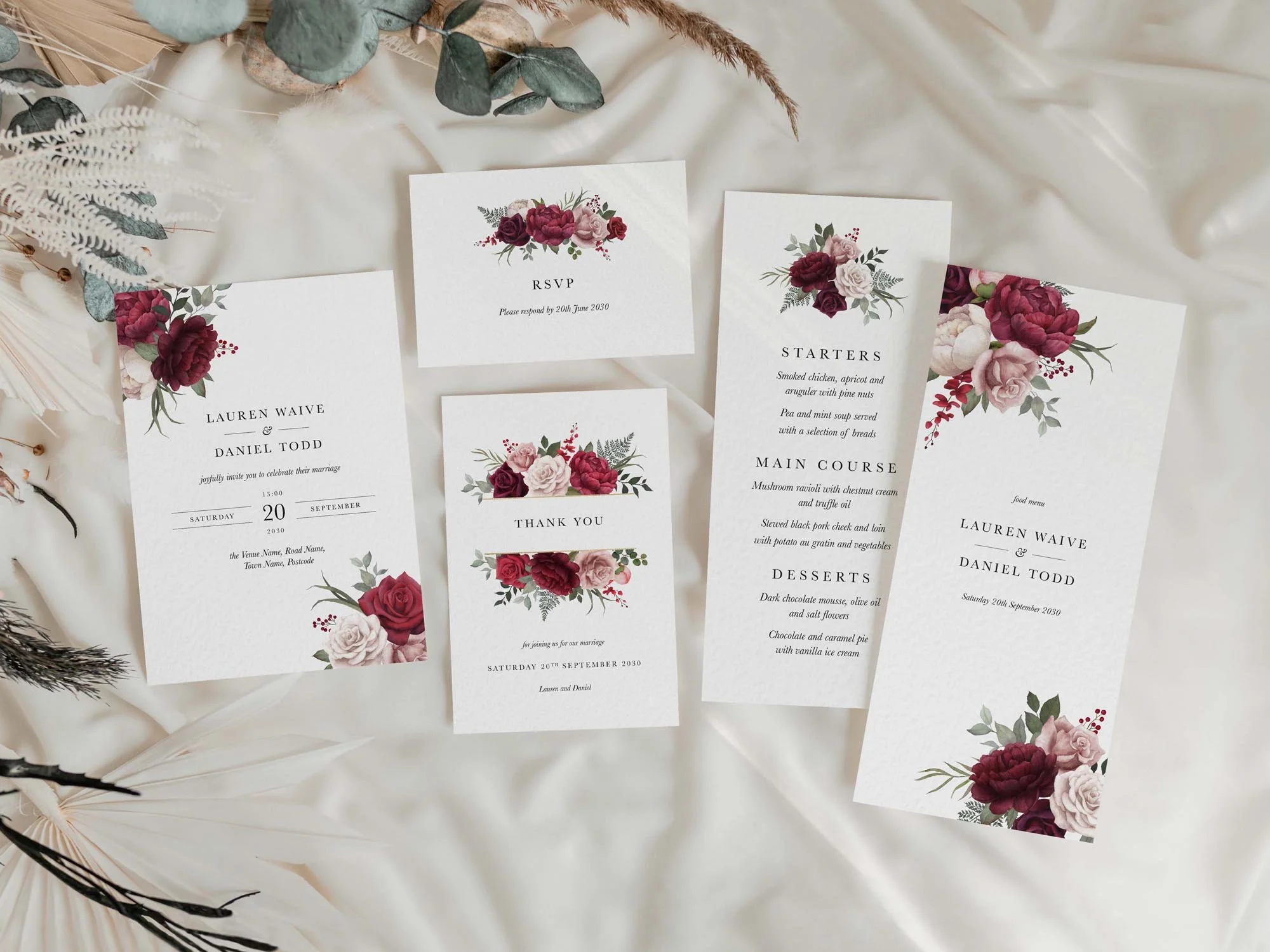 Red floral wedding stationery set