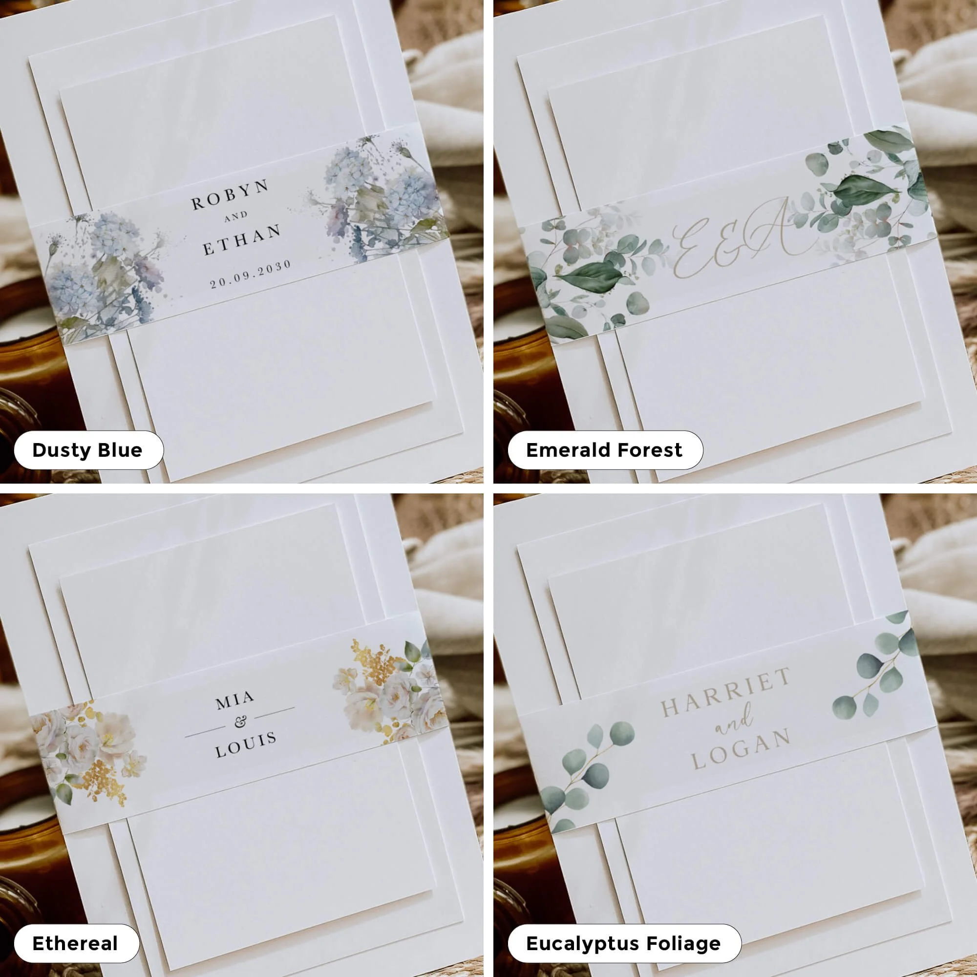 Collection of personalised wedding belly bands in a variety of elegant designs