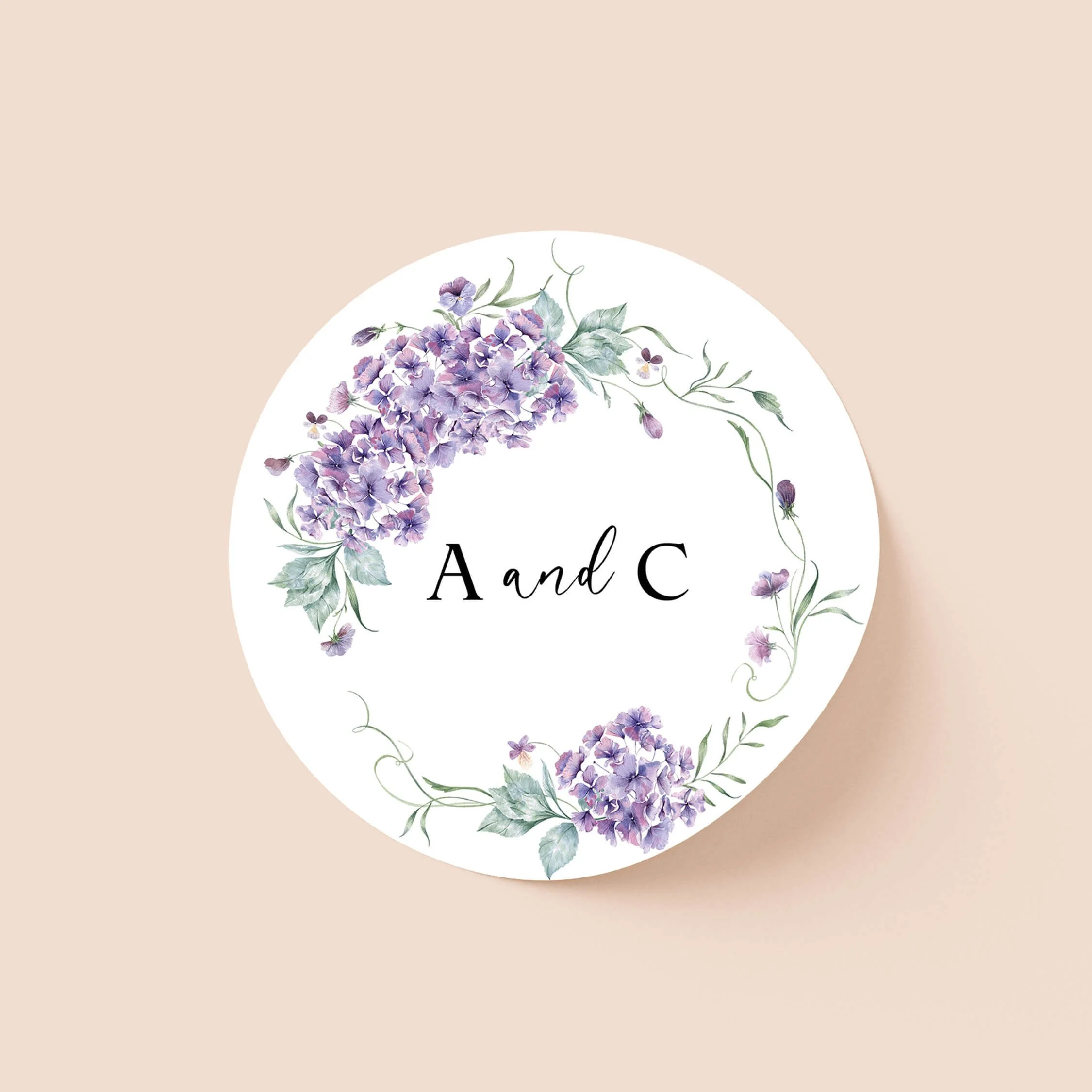 Hydrangea personalised wedding sticker with purple hydrangea floral wreath and personalised initials on round sticker