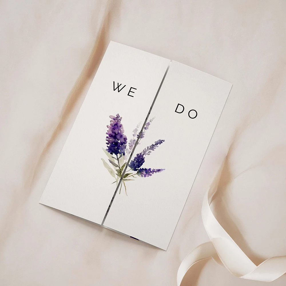 Lavender wreath gatefold wedding invitation in soft purple tones with botanical artwork