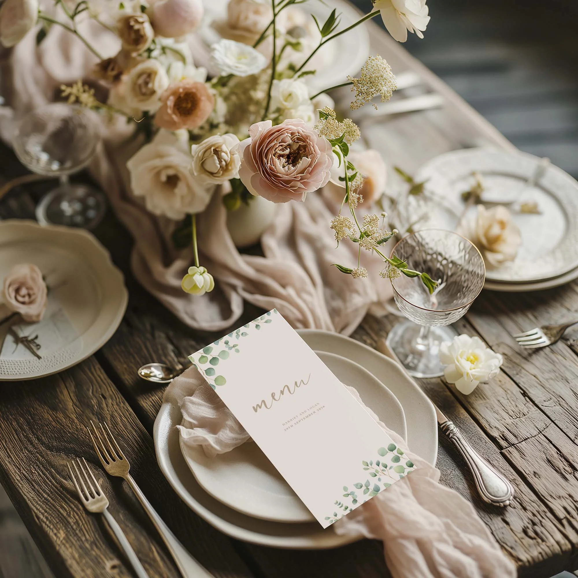 Eucalyptus Calligraphy wedding menu card styled on a wedding table setting with tableware and décor