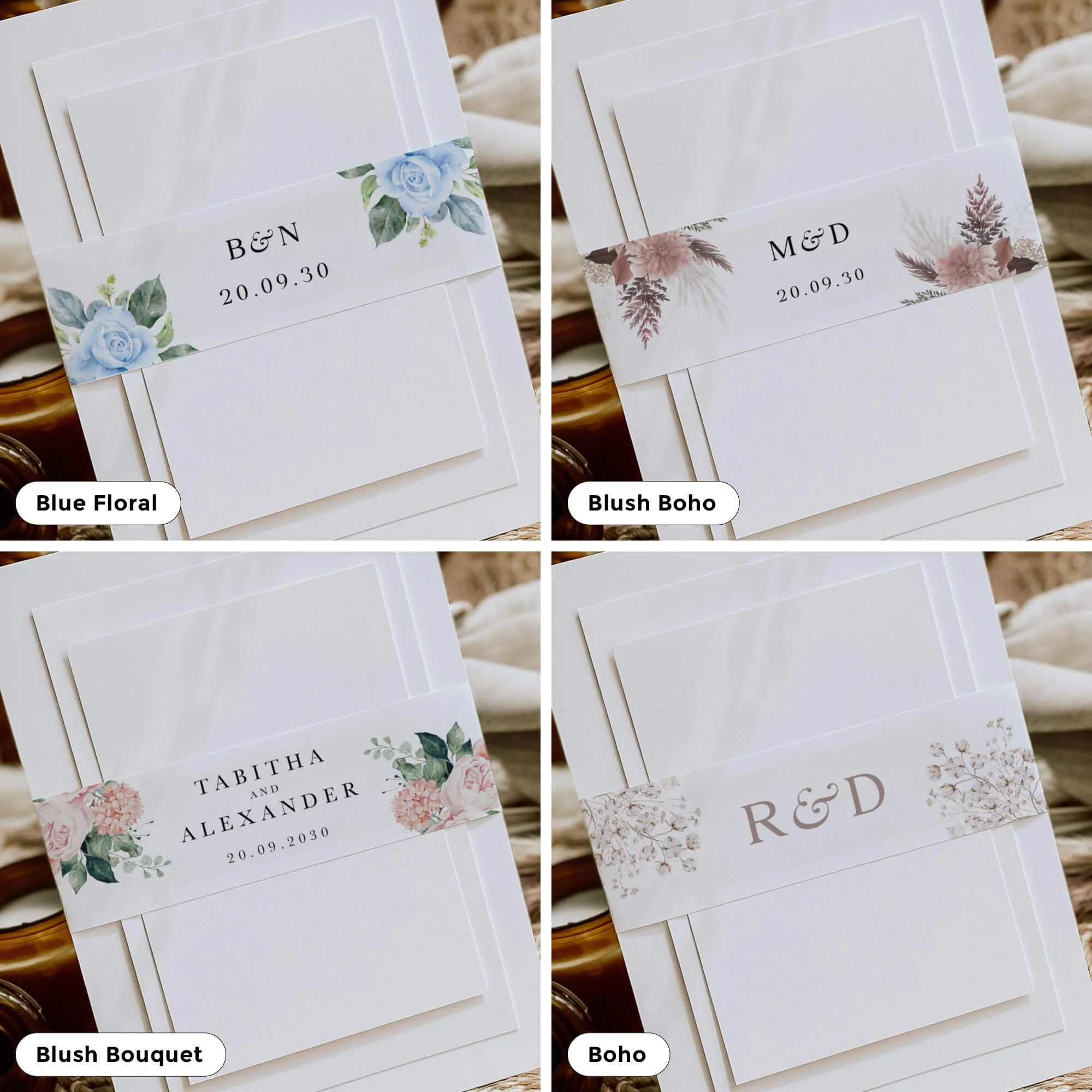 Range of wedding belly band styles to wrap around invitation suites
