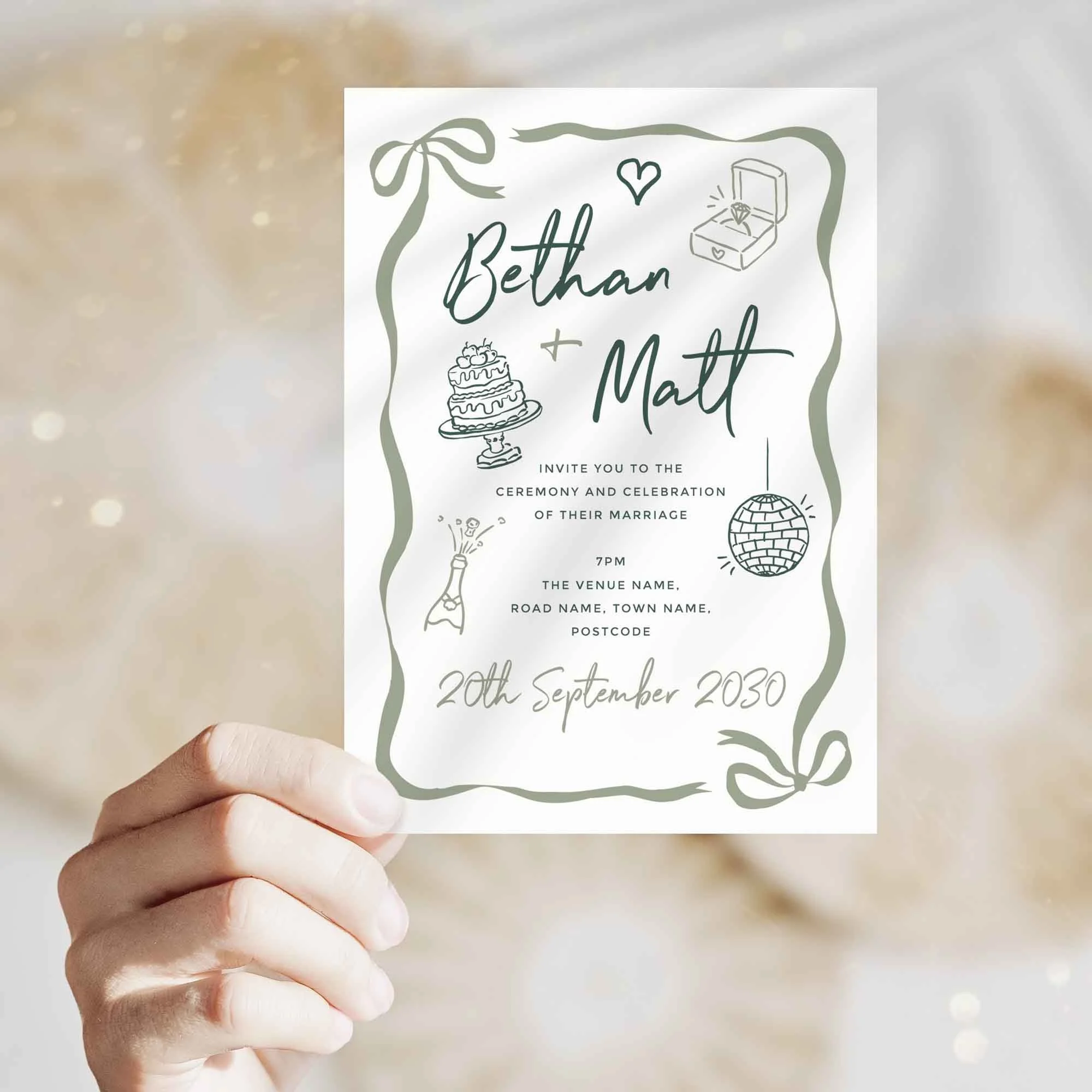 Hand holding Green Doodle wedding invitation showing size and printed design details