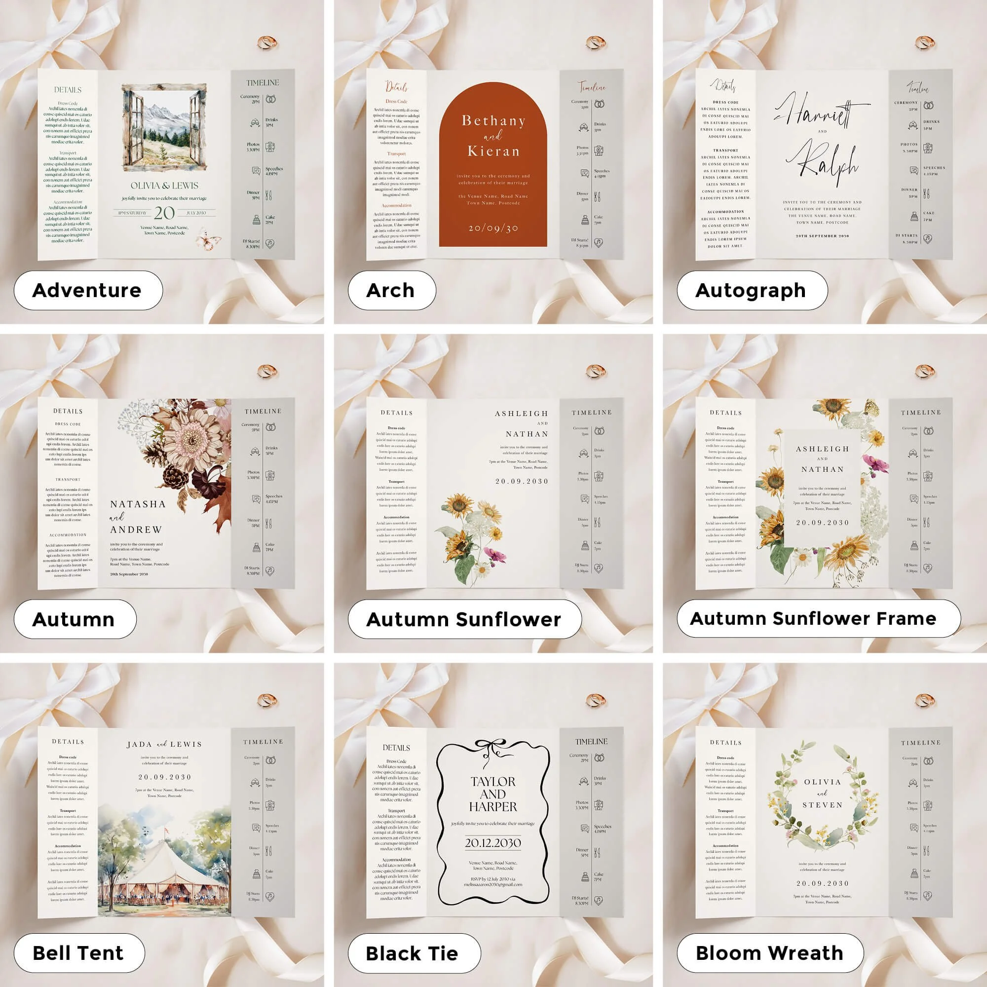 A5 size gatefold invitations in a variety of designs