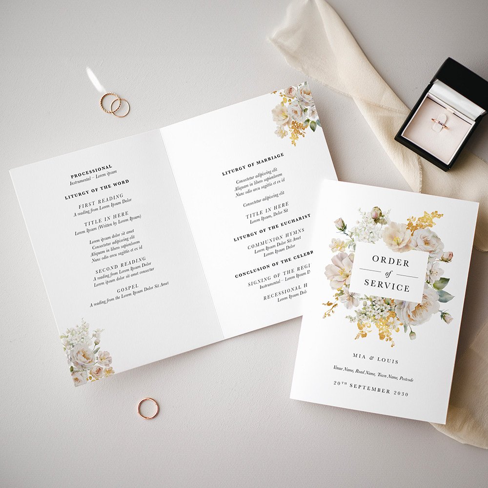Warm White Floral Printed Wedding Order of Service