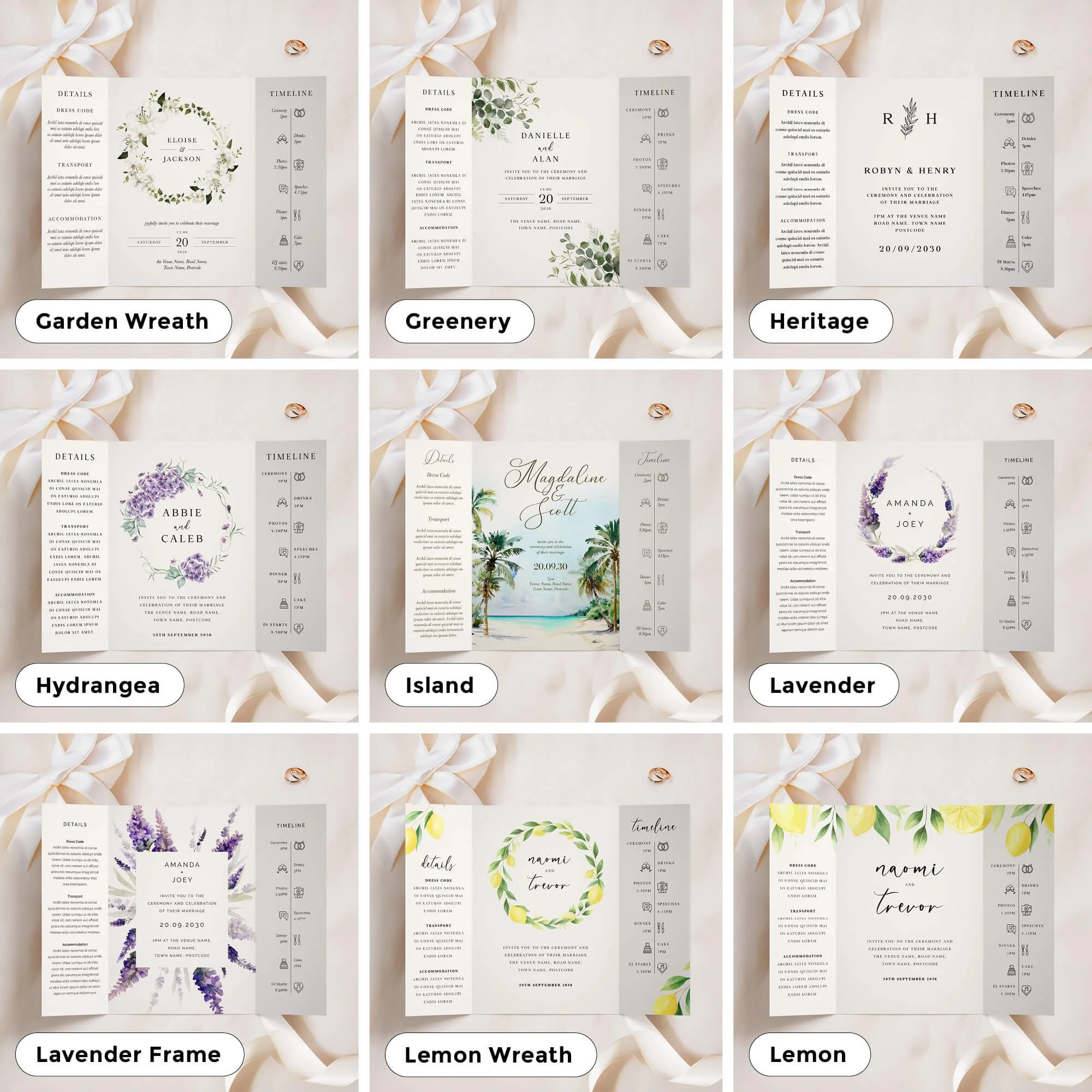 A5 size gatefold invitations in a variety of designs