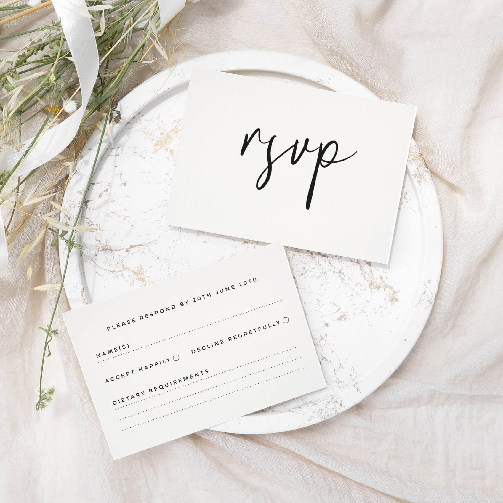Script wedding RSVP card with elegant handwritten calligraphy RSVP heading on luxury off-white card