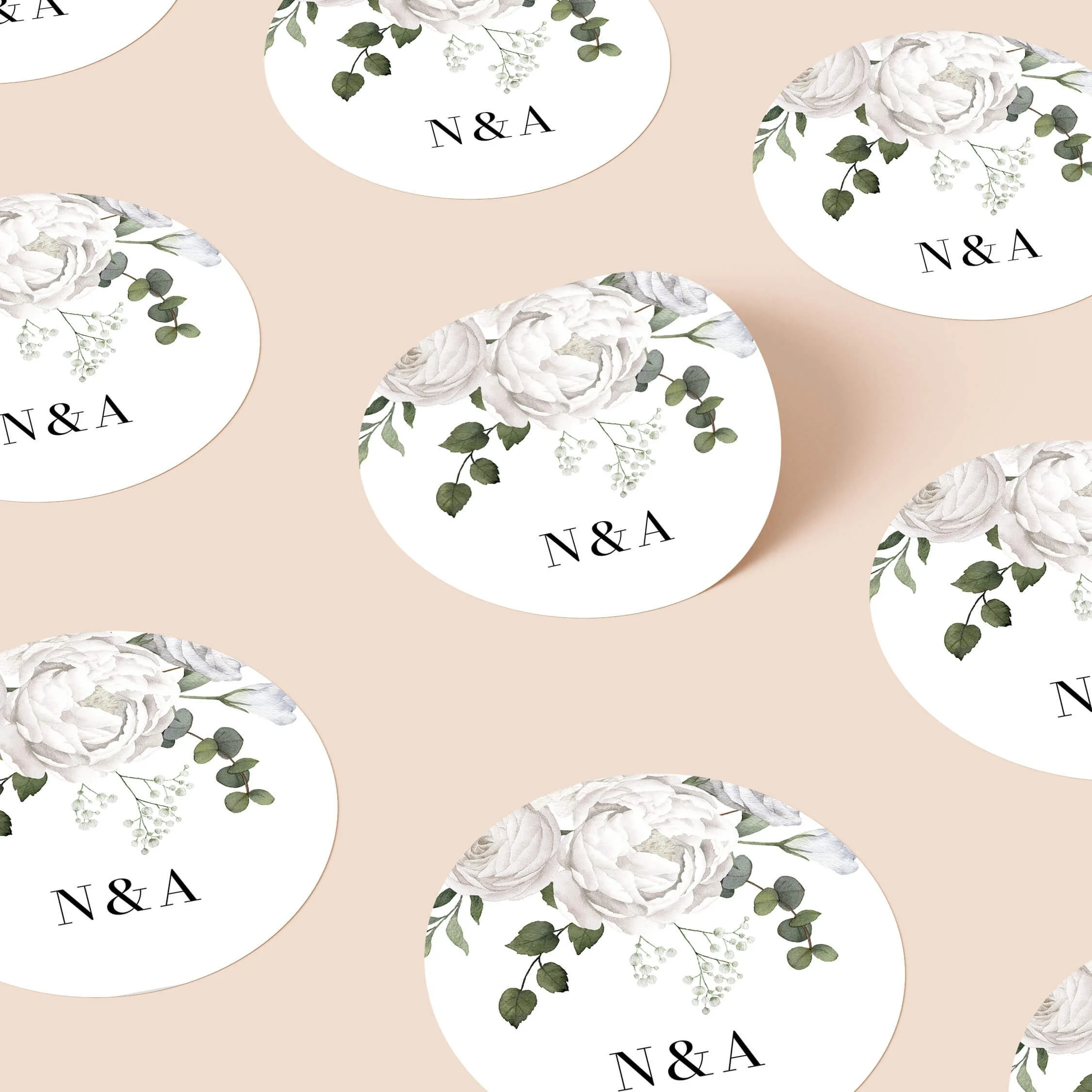 White Floral personalised wedding stickers with white peony and rose watercolour design on round stickers