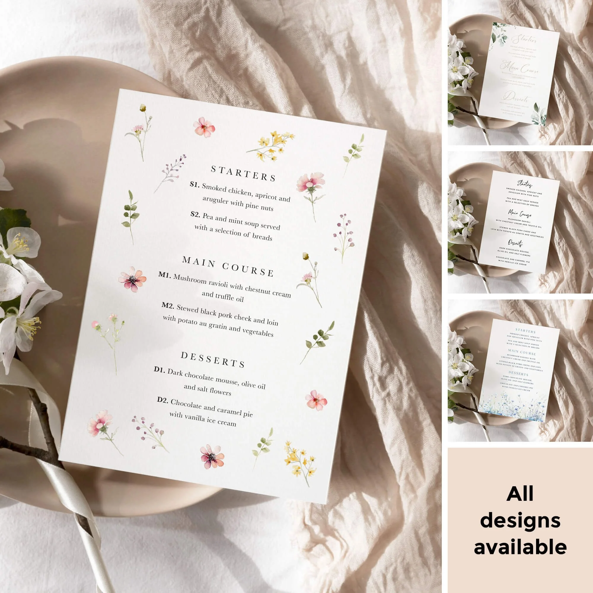 wedding invitation menu choice inserts for selecting guest's menu options