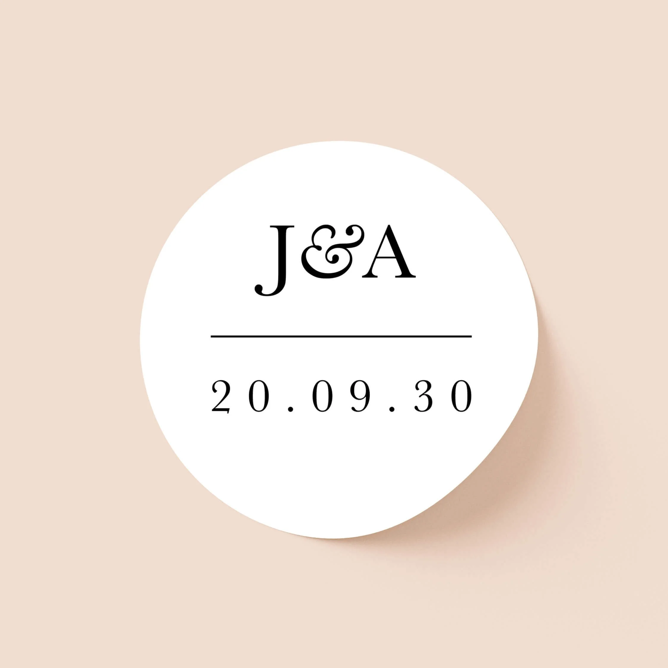 Minimal personalised wedding sticker with serif initials and wedding date design on round sticker