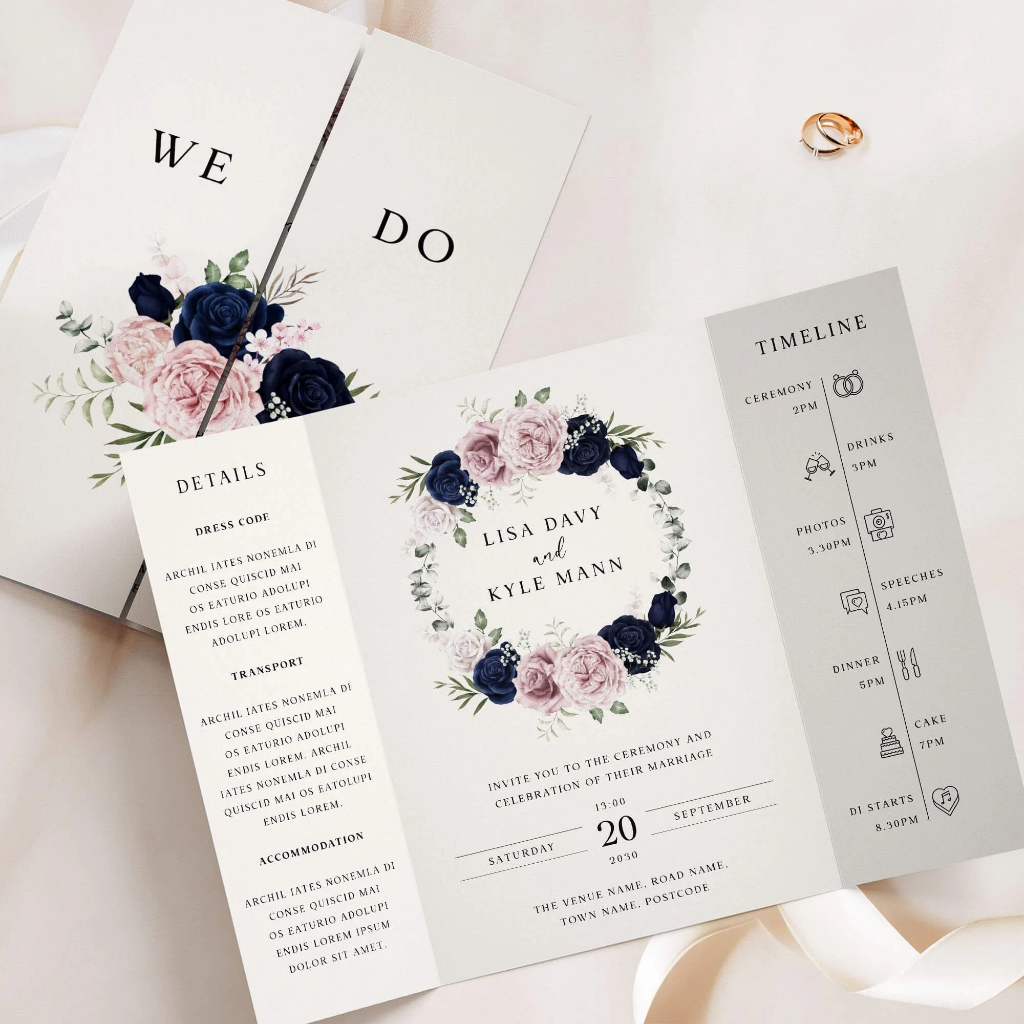 The Navy and Blush (Wreath) Gatefold Wedding Invitation
