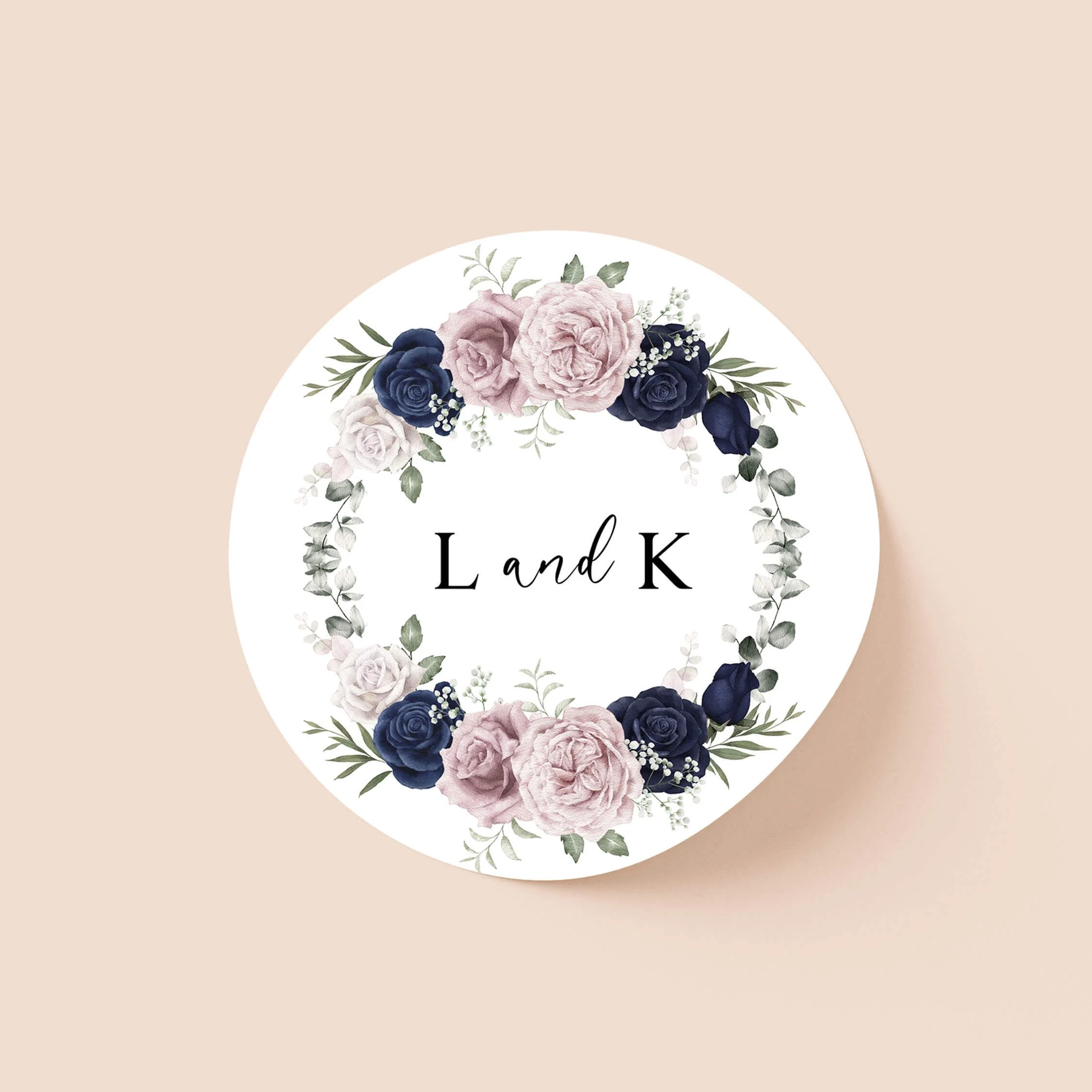 Navy and Blush personalised wedding sticker with navy blue and blush floral wreath and initials on round sticker
