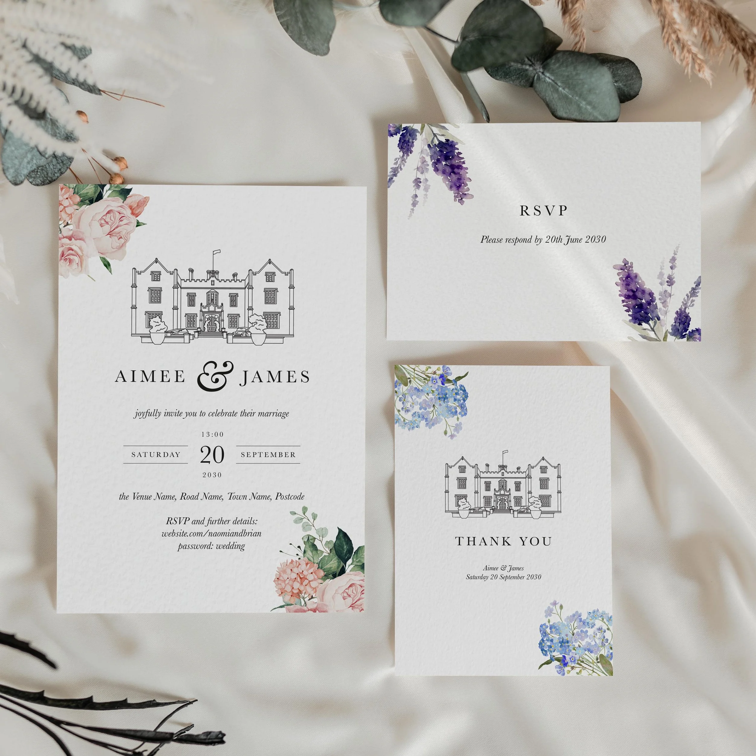 Floral wedding invitation set featuring illustrated venue artwork with lavender and pastel botanical accents.