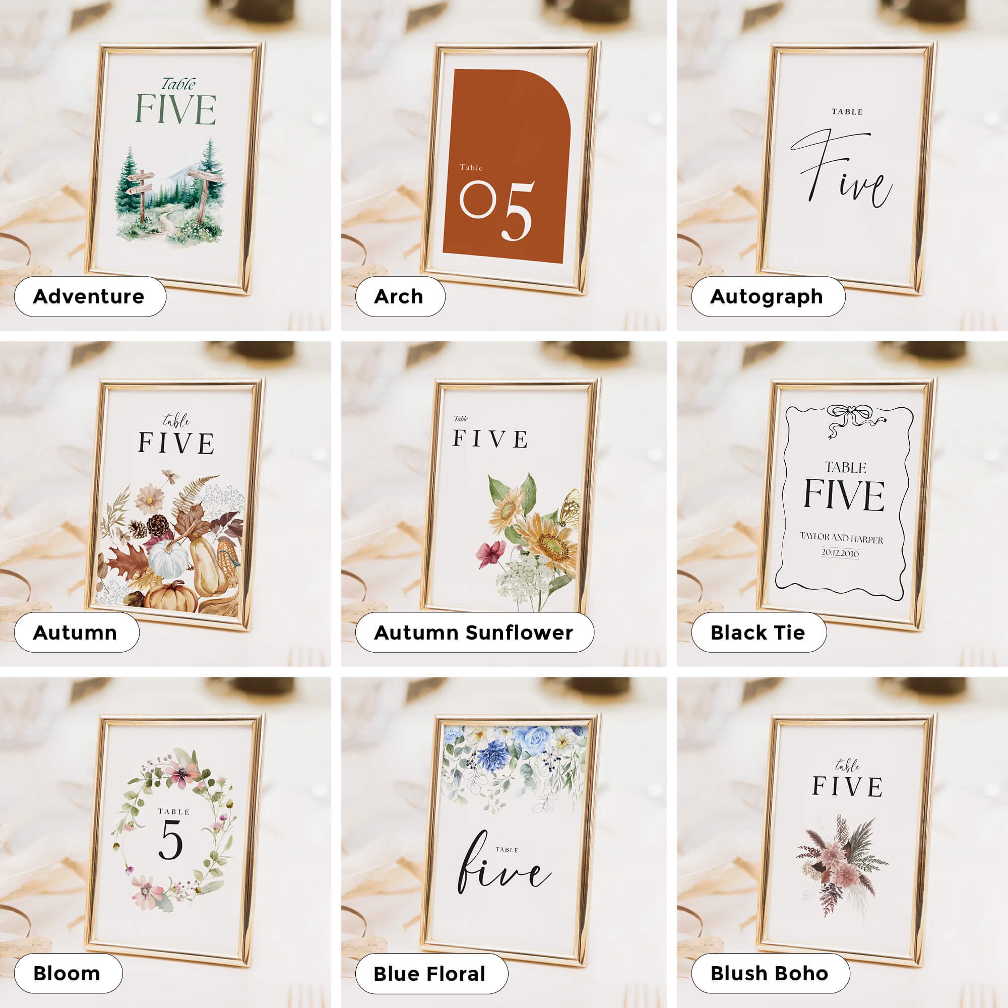 Wedding table number and table name card designs in a range of styles to suit different themes, including floral, modern, and minimal options
