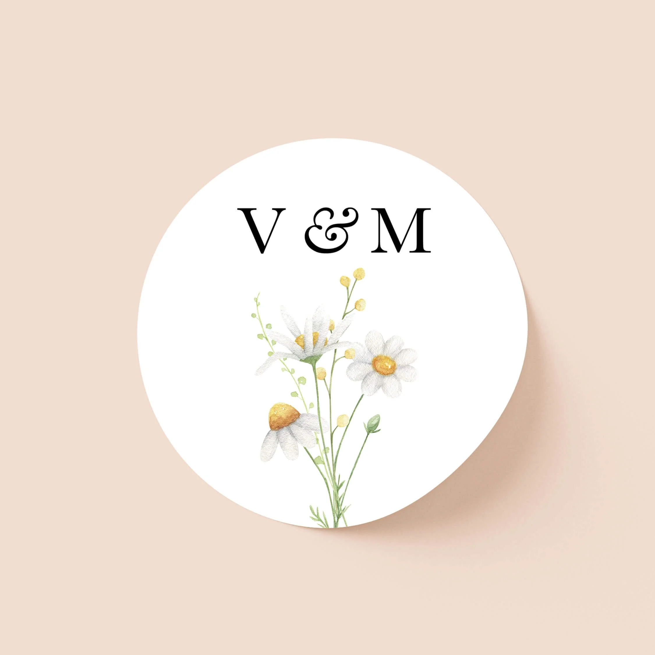 Daisy wedding sticker with white daisy flowers and initials on round personalised seal