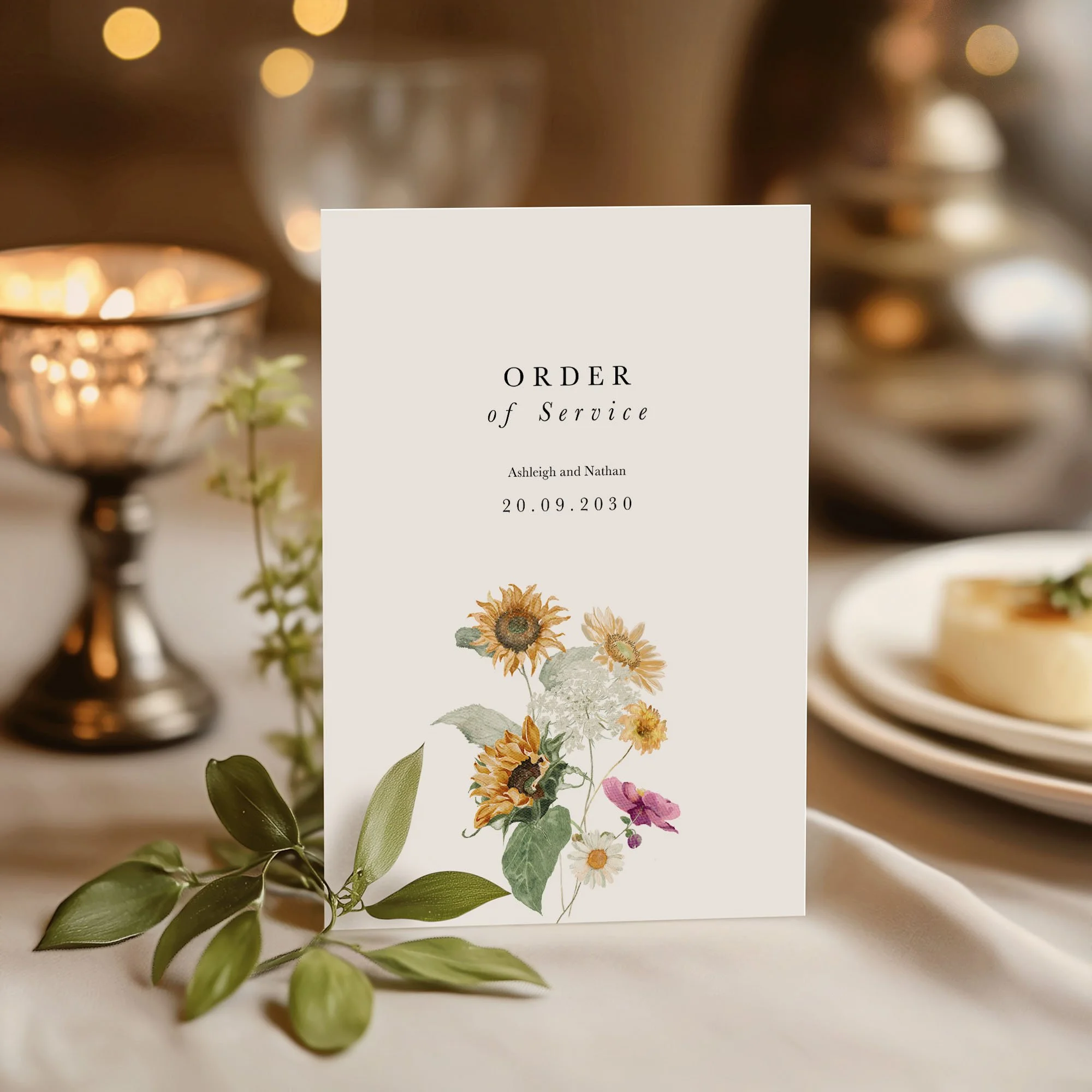 Autumn Sunflower wedding order of service on a wedding day displayed