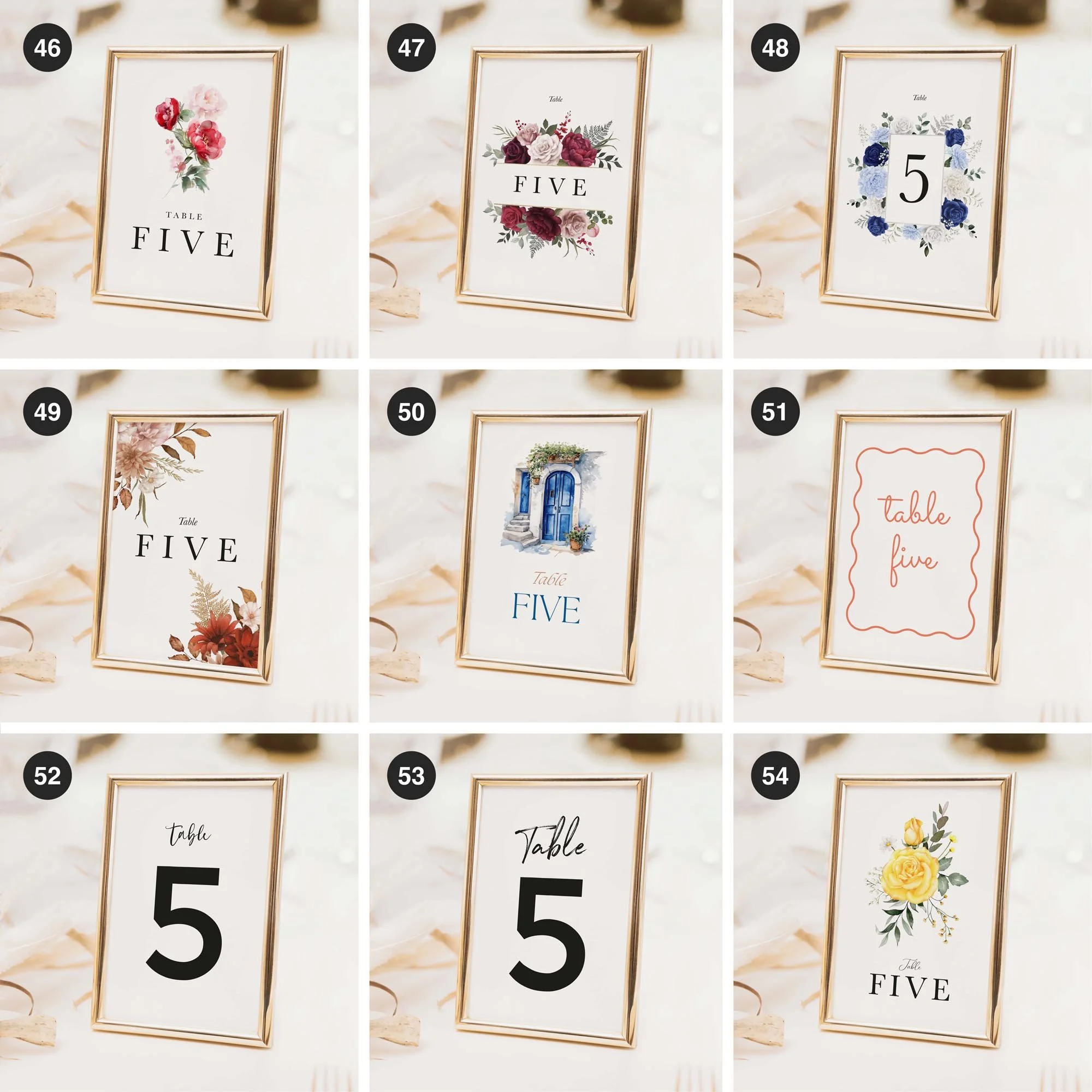 Wedding table number and table name card designs in a range of styles to suit different themes, including floral, modern, and minimal options