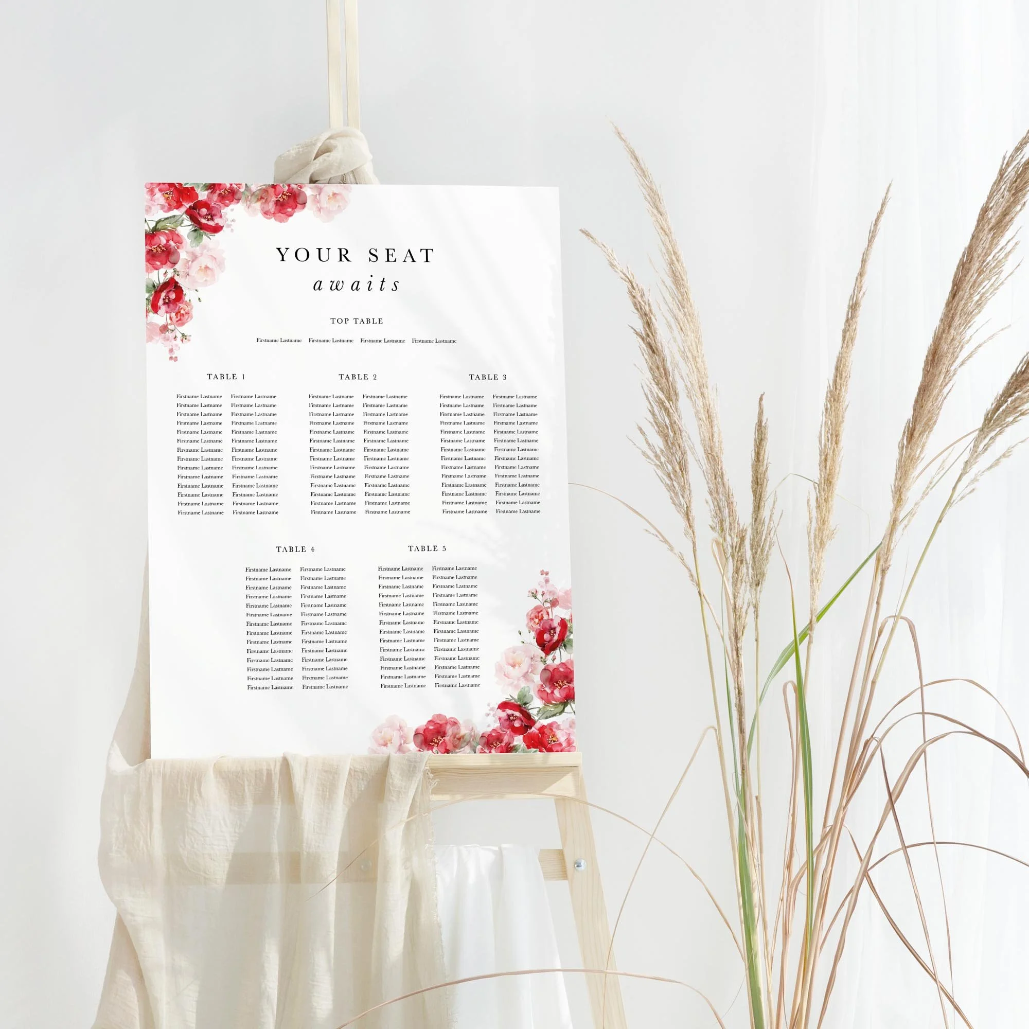 Red Floral wedding table plan board seating chart sign