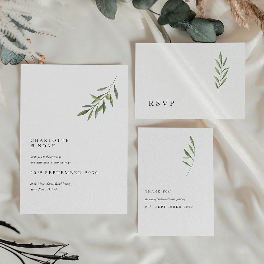 Wedding stationery suite featuring an olive branch in a minimal, elegant design.