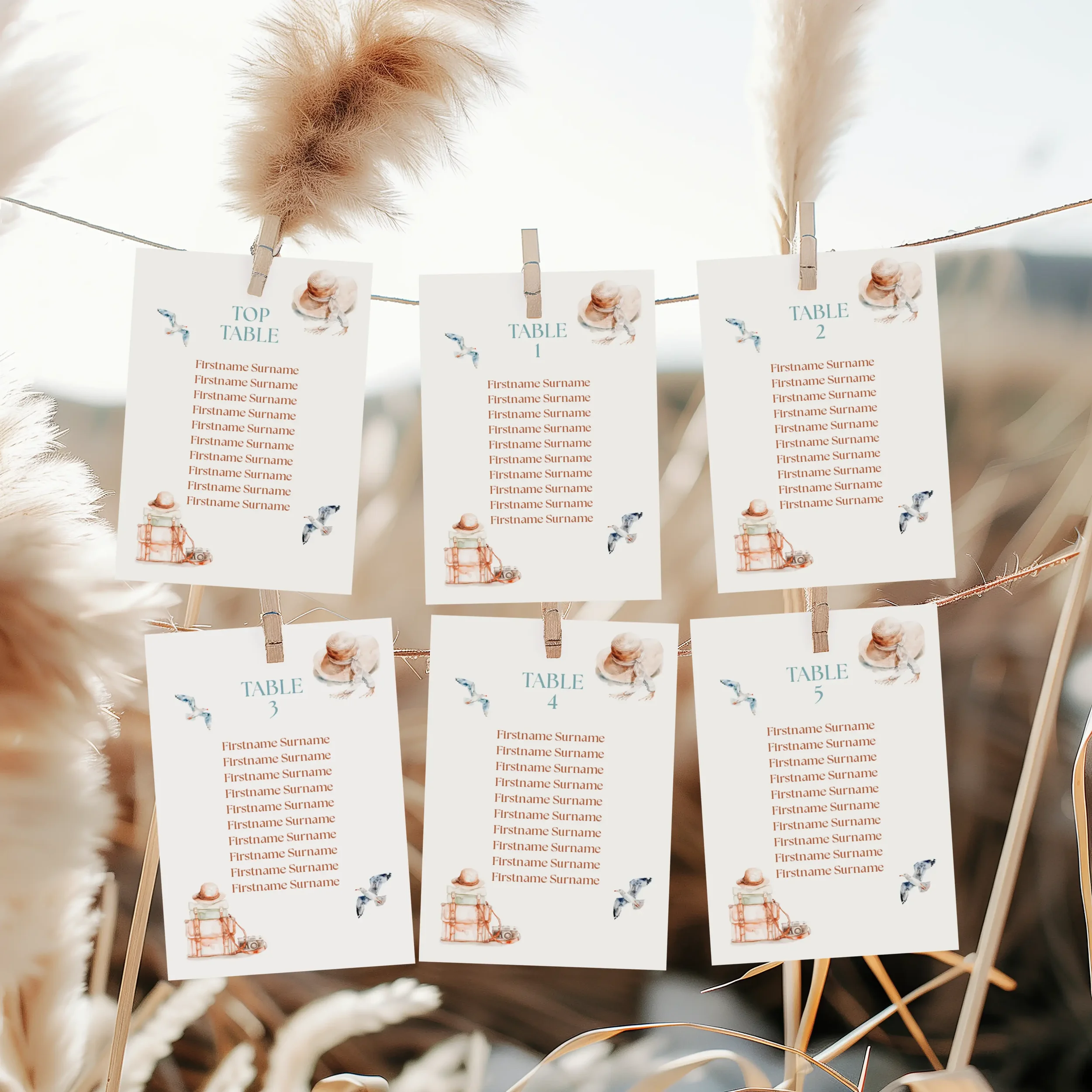 Explorer Wedding Seating Plan Cards with travel-inspired illustrations of suitcases and birds.
