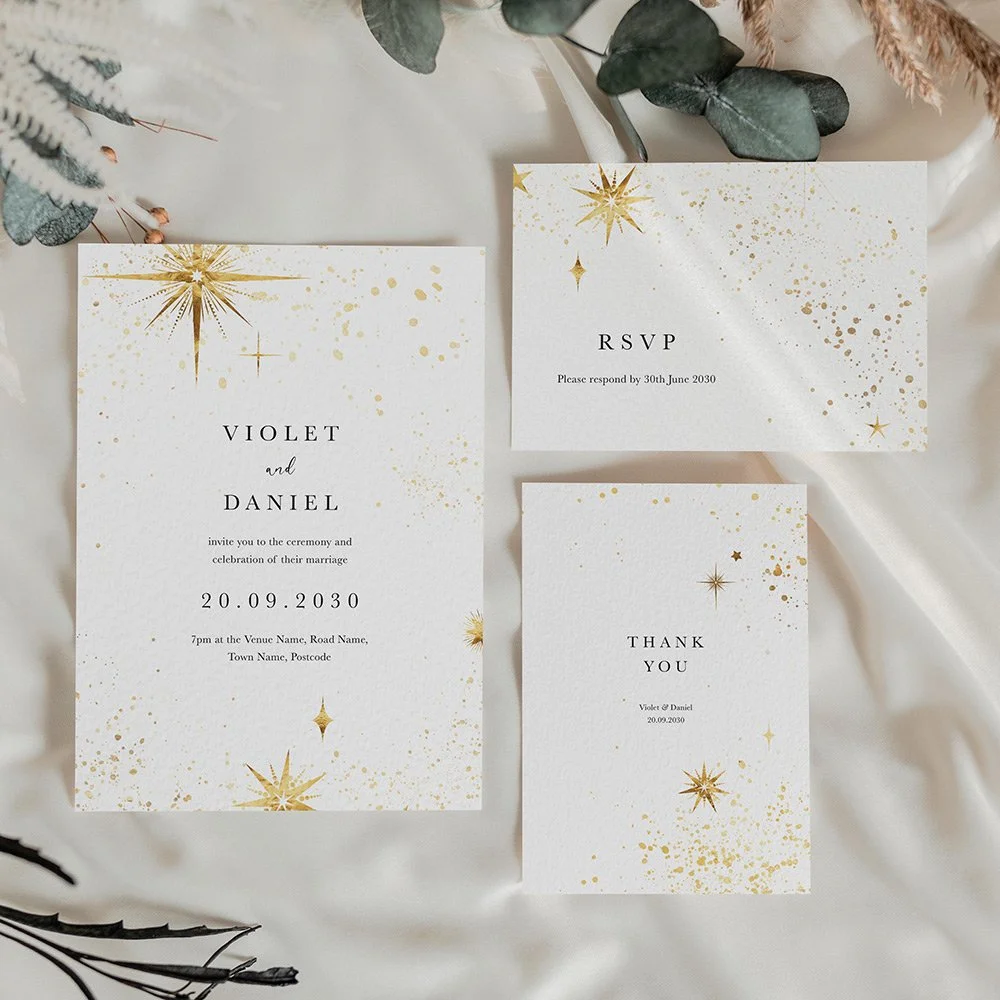 Celestial Wedding Invitations with gold stars and a night sky theme, ideal for elegant starry wedding stationery.
