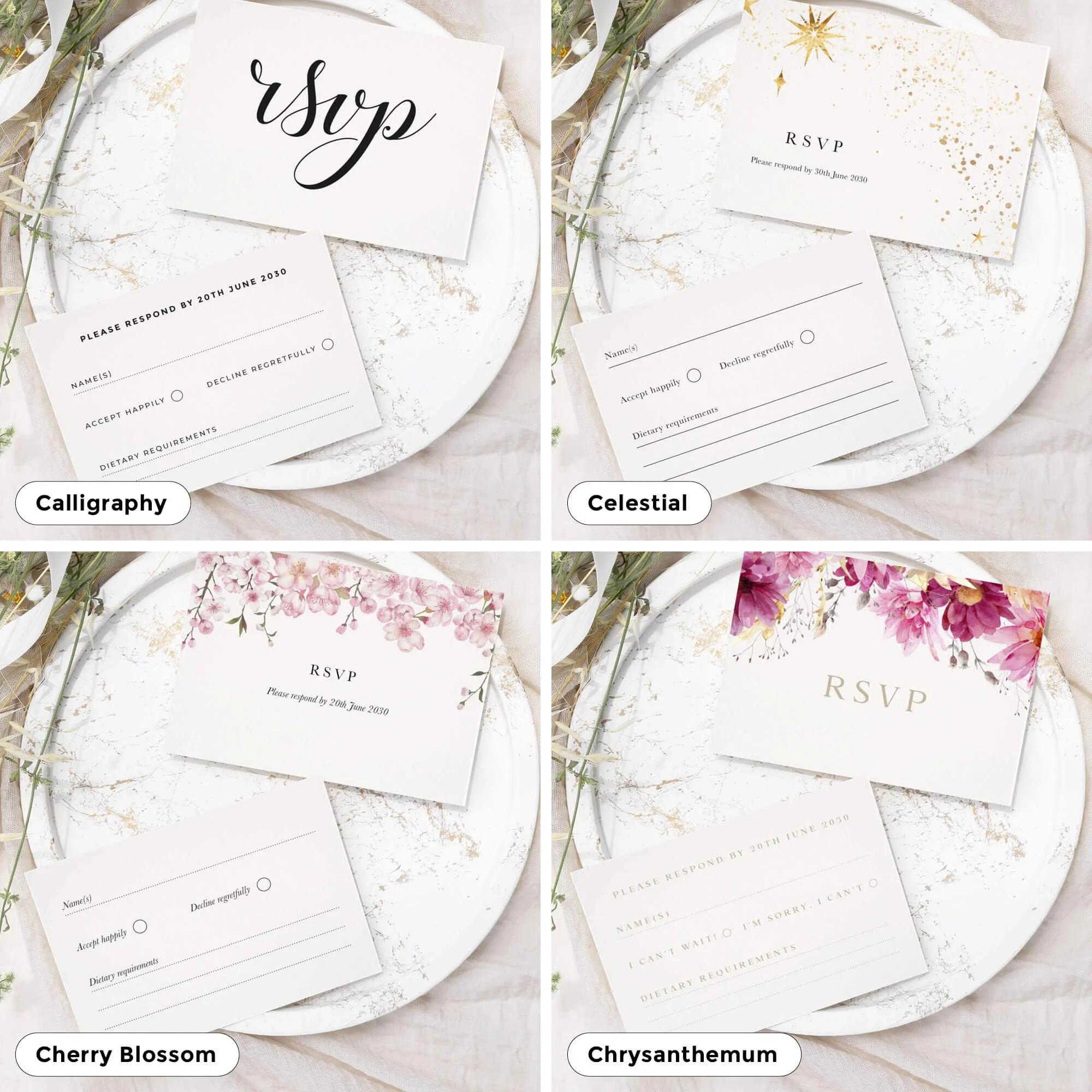 Wedding RSVP card with clean typography and response details for guests