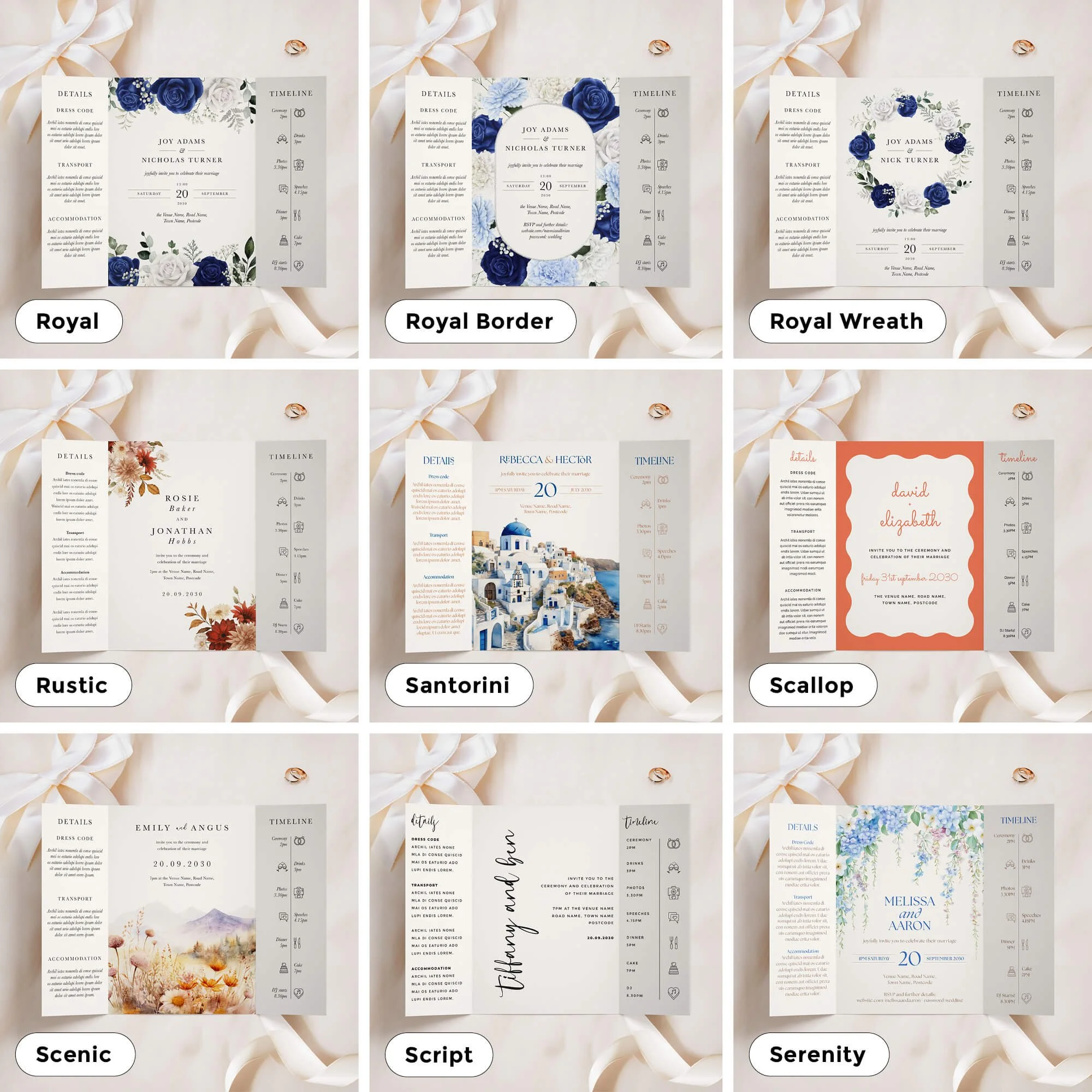 A5 size gatefold invitations in a variety of designs