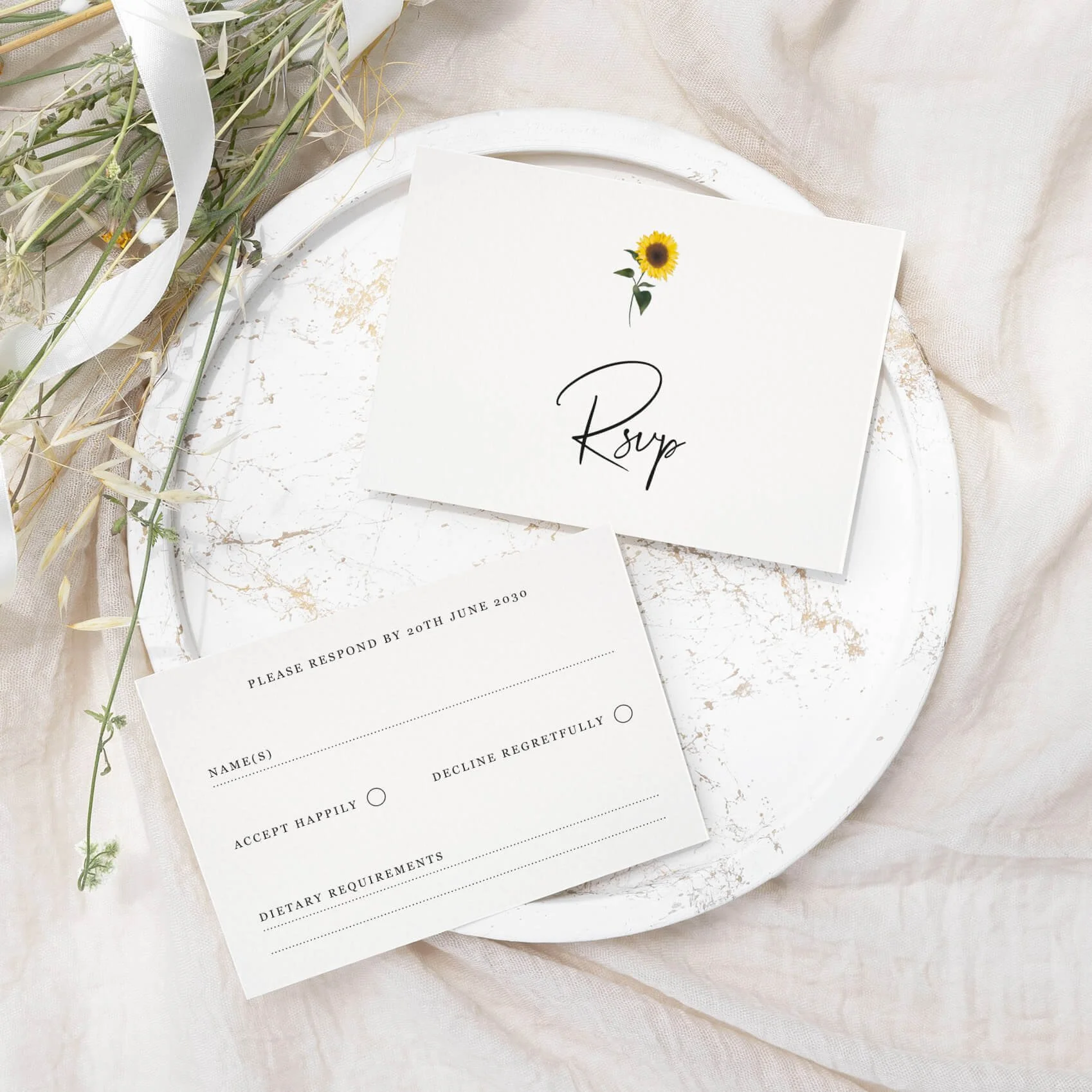 Sunflower wedding RSVP card with delicate watercolour sunflower illustration and script typography on luxury off-white card
