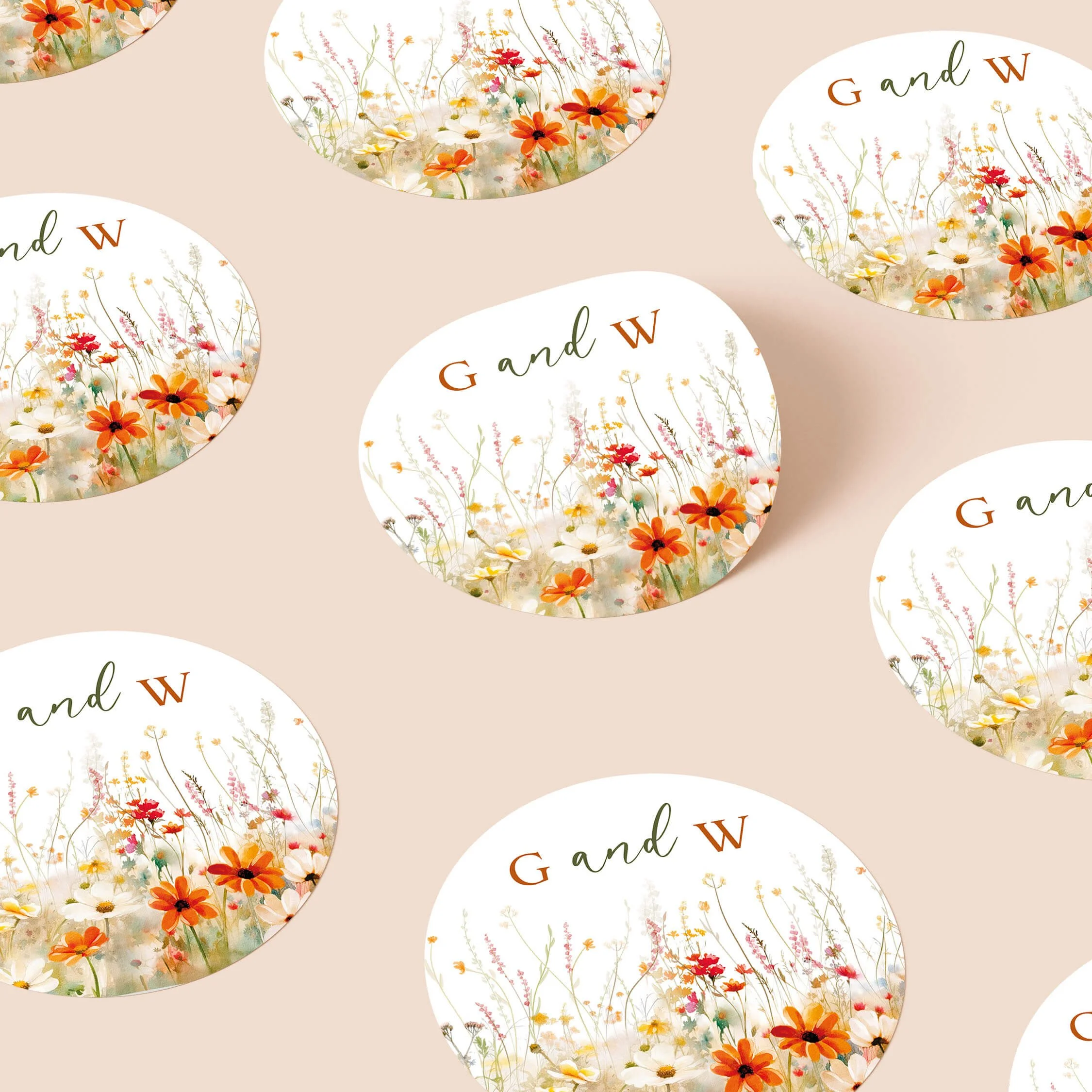 Field Vermillion personalised wedding sticker with bright colourful meadow flower design and elegant initials on round sticker